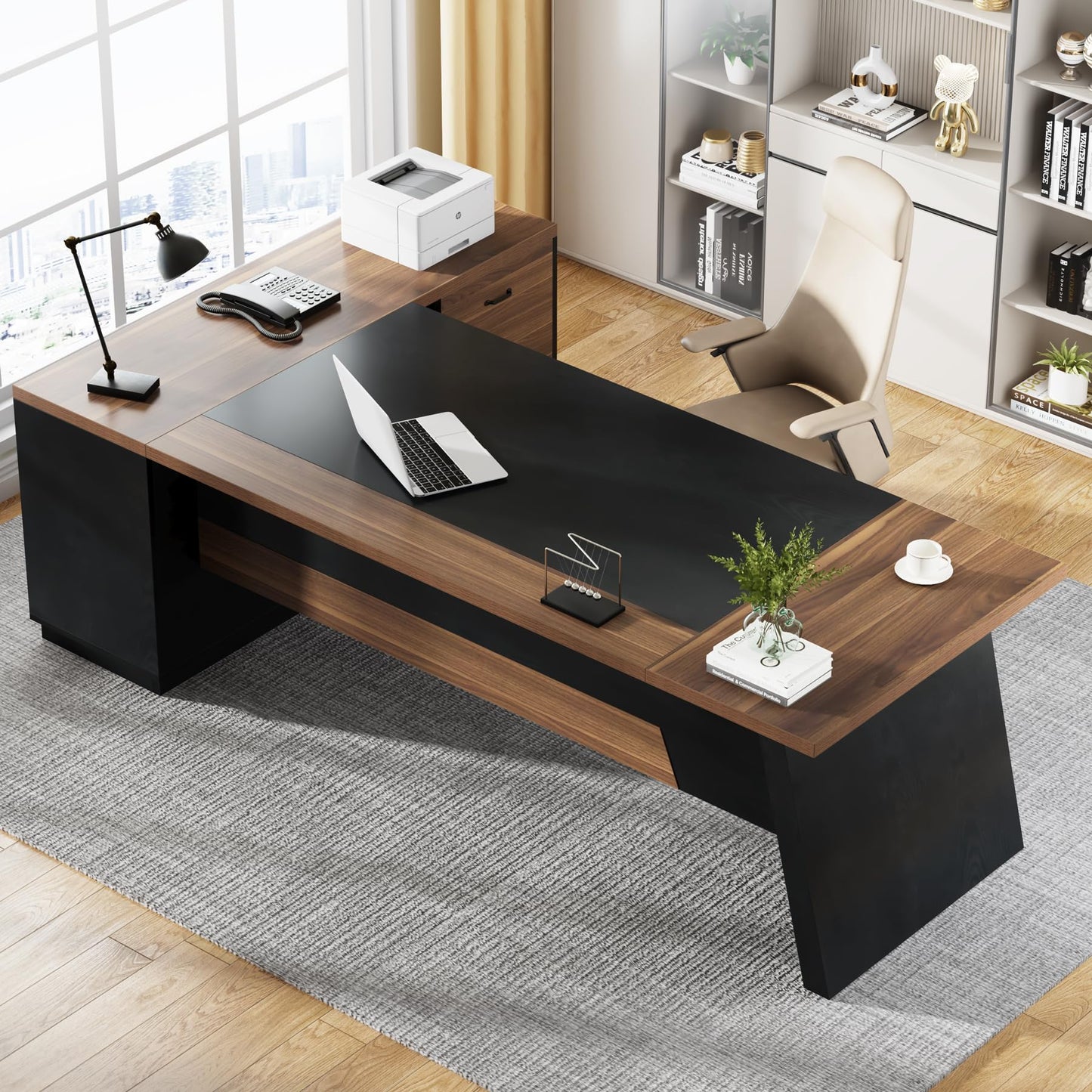 Tribesigns 78" L-Shaped Executive Desk, Extra Large Modern Office Desk with Drawers and File Cabinet, Business Furniture with Storage Shelves, Big Computer Desk for Home Office (Light Walnut + Black)