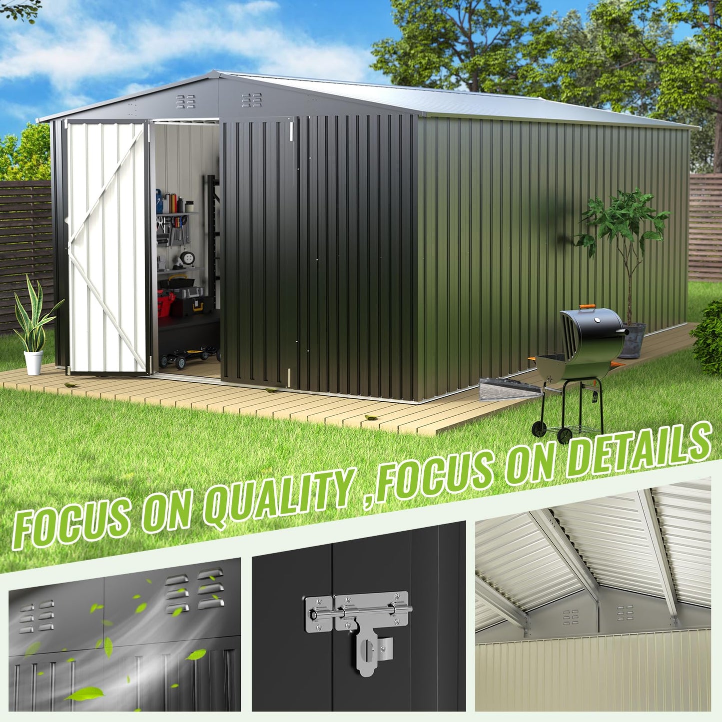 PABIMIA 10X14 FT Outdoor Storage Shed, Durable Metal Outside Storage with Lockable Doors, Waterproof Storage Shed for Tools, Equipment, Ideal for Backyard Garden Patio Lawn