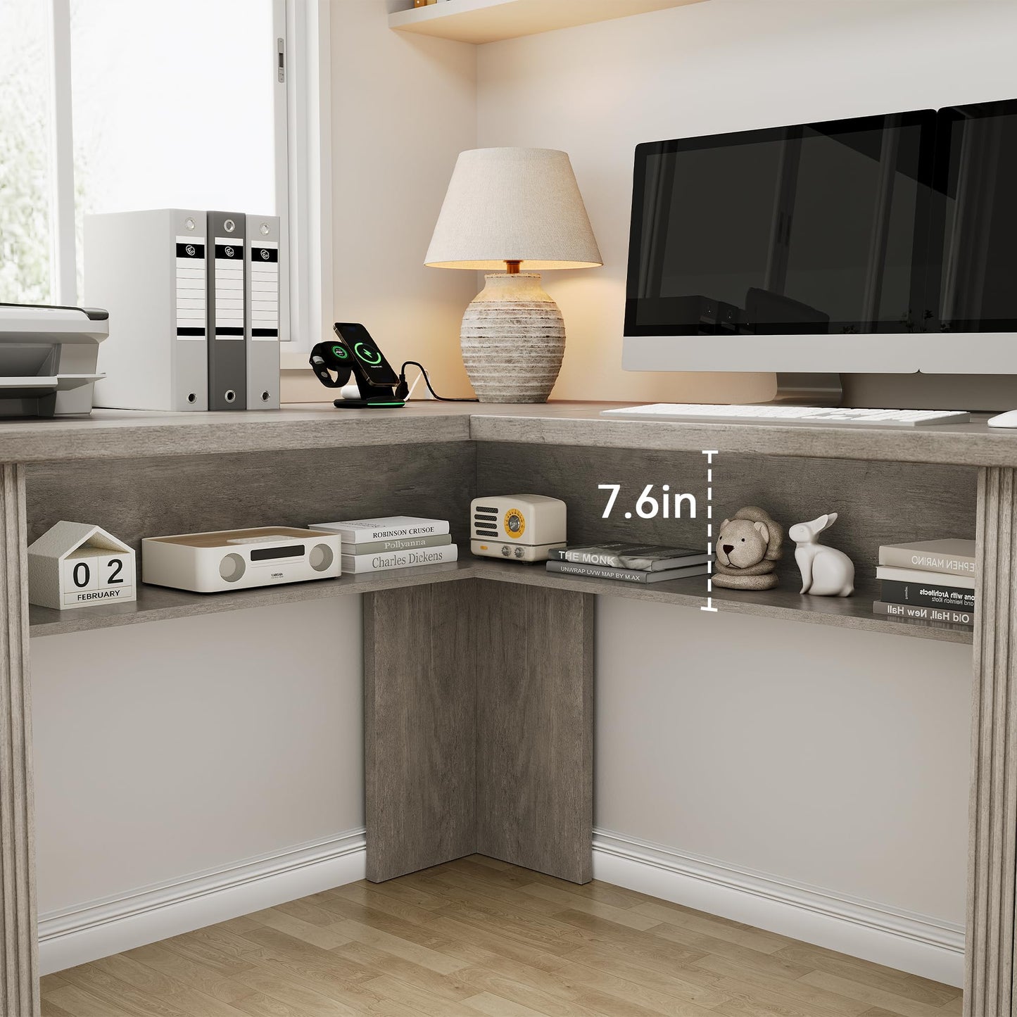 Farmhouse L Shaped Executive Desk with 4 Drawers, Home Office Desk with Hidden Under-Desk Storage Shelf and Charging Station, File Cabinet Storage, Wood Corner Computer Desk for Work and Study(Grey)