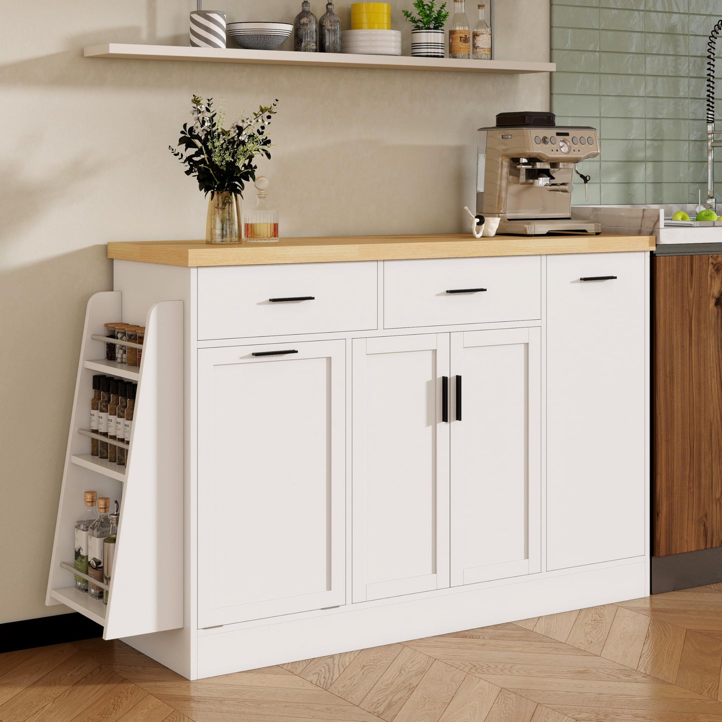GDFStudio Kitchen Buffet Cabinet with Trash Can Storage, Sliding Door Storage Cabinet Sideboard with 3-Tier Spice Rack & 2 Drawers, Coffee Bar Cabinet Island Storage for Dining Room Living Room, White