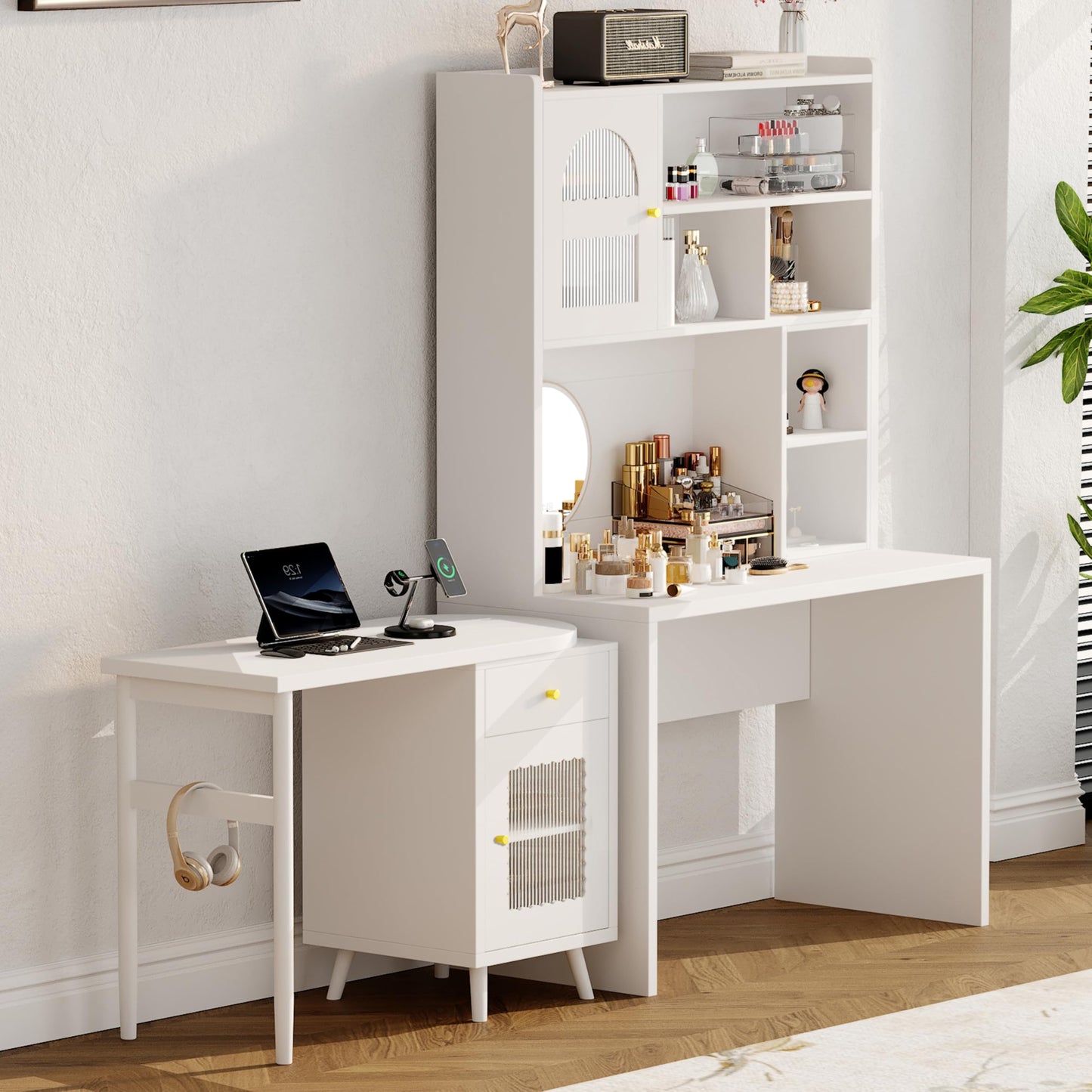 Merax Computer Desk with 90 Degree Rotating Desktop, L Shaped Office Desk with Storage Drawer and Cabinets, Writing Desk with Shelves for Study, Work Desk for Office Bedroom Living Room, White