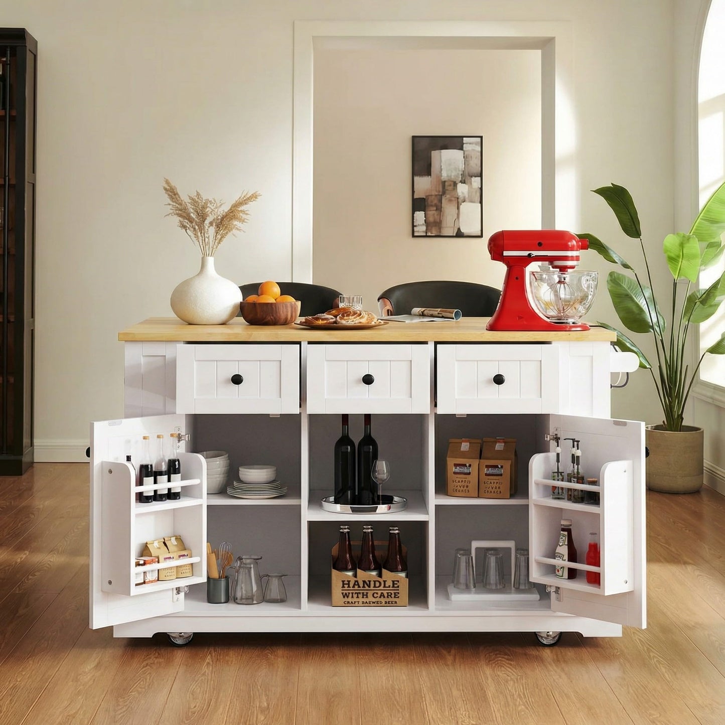 Merax 53" Large Kitchen Cart Storage Island on 5 Wheels with Drop Leaf,Drawers,Power Outlet,Internal Rack for Kitchen