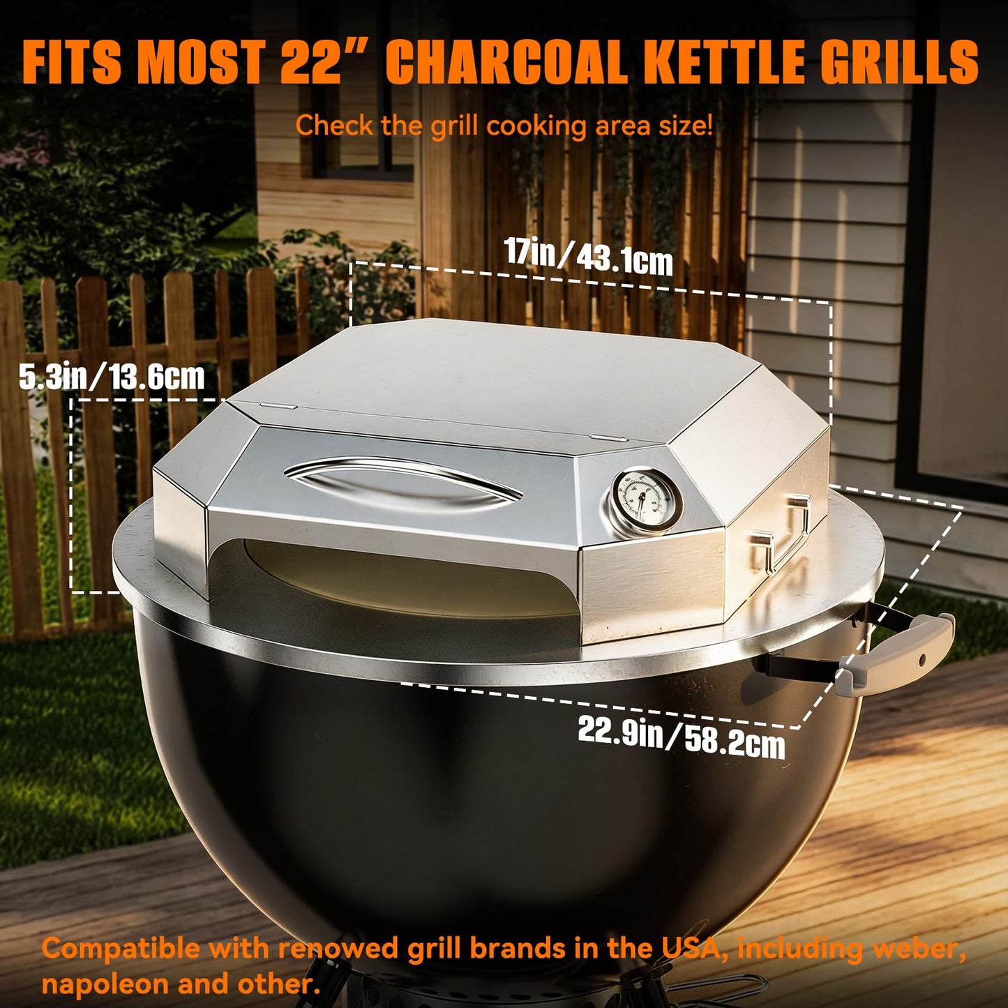 Onlyfire Stainless Steel Pizza Oven Kit for 22 Inch Charcoal Kettle Grilll - Outdoor Grill Top Pizza Oven Kit, Pizza Maker Tool Set Including Pizza Chamber, Pizza Stone, Pizza Peel and Thermometer