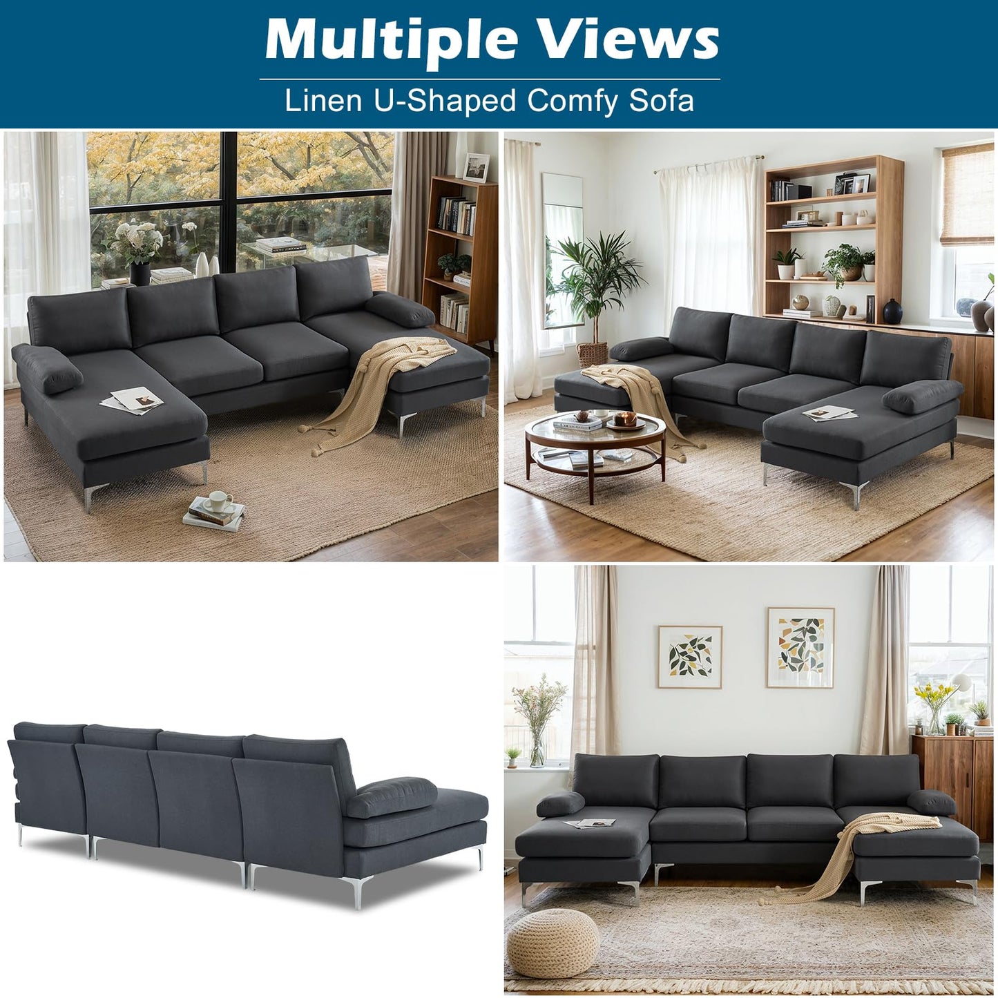 VINGLI 110" Modern Sectional Couch with 51" D Double Chaise, Dark Grey Deep Seat U Shaped Couch with Removable Pillows & Metal Legs, Comfy 4-Seat Sofas for Living Room, Linen Fabric