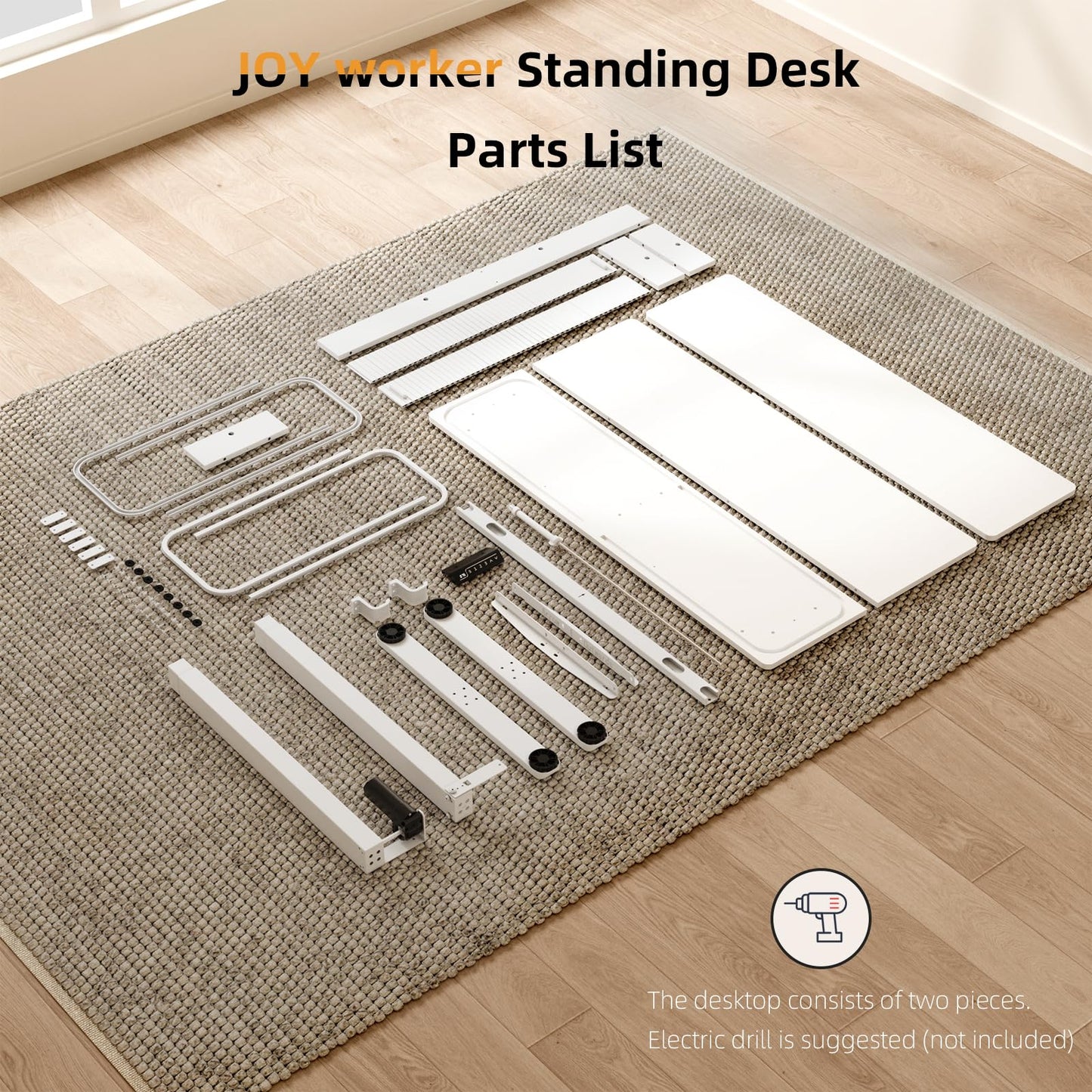 JOY worker Height Adjustable Electric Standing Desk with Storage Shelves, 48 Inch Table with Built-in Monitor Stand, Sit Stand Desk with 2 Hooks for Home Office, White