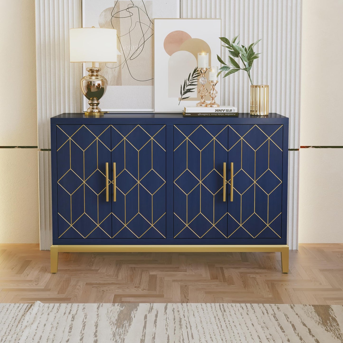 HLR 48" Accent Cabinet with 4 Doors and Shelves, Modern Credenza Storage Cabinet with Gold Trim, Sideboard Buffet for Living Room, Kitchen, Dining Room, Hallway, Blue