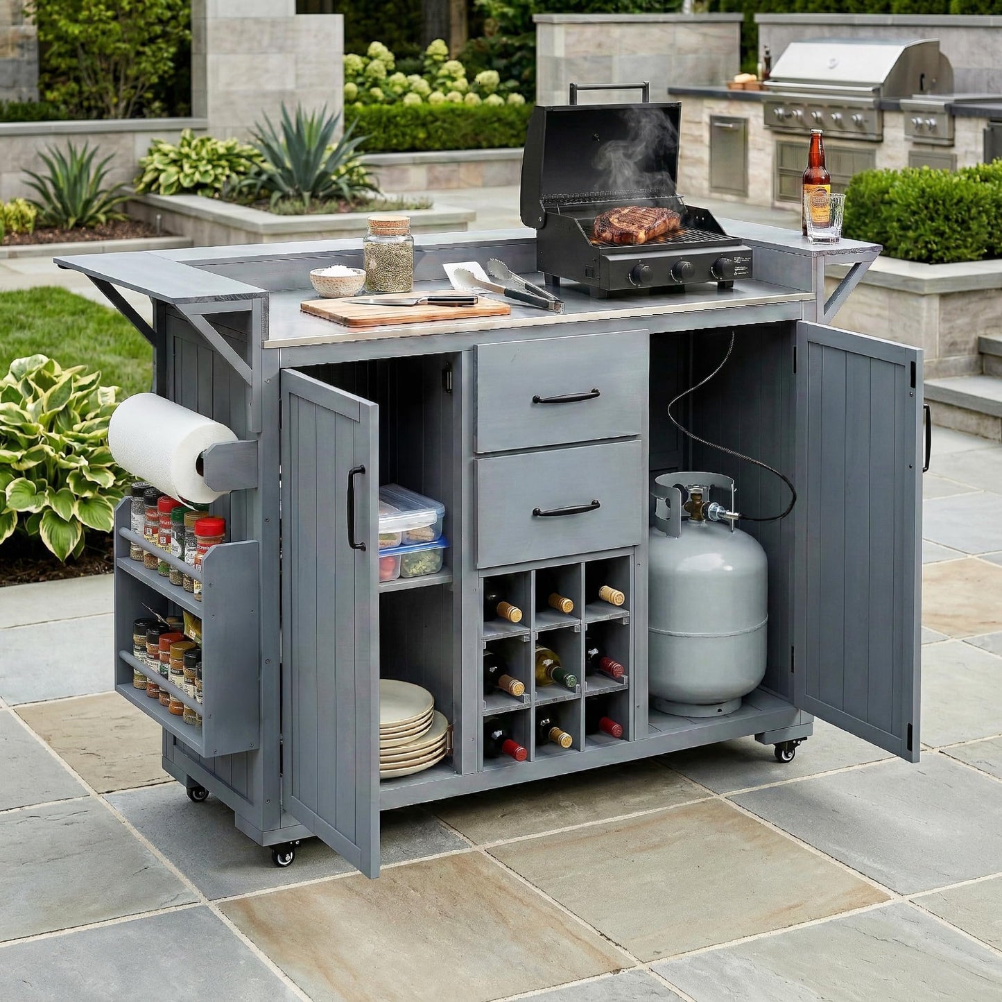 Merax 60.2''W Outdoor Kitchen Island on Wheels with Stainless Steel Top, Wood Rolling Patio Grill Cart with Storage Cabinets, Drawers, Spice Rack & Wine Rack, Outdoor Grill BBQ Prep Table, Gray