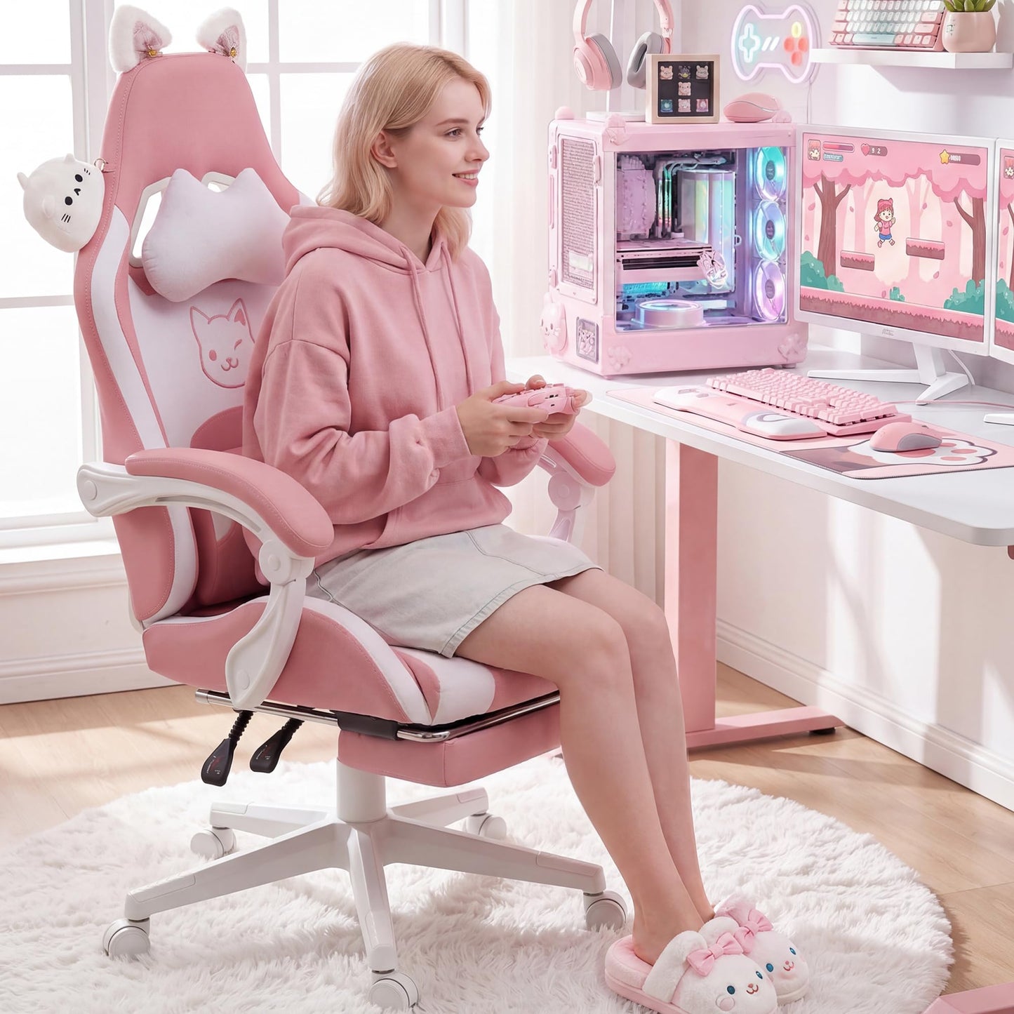 Dowinx Gaming Chair Cute with Cat Ears and Massage Lumbar Support, Ergonomic Computer Chair for Girl with Footrest and Headrest, Comfortable Reclining Game Chair 290lbs for Adult, Teen, Pink