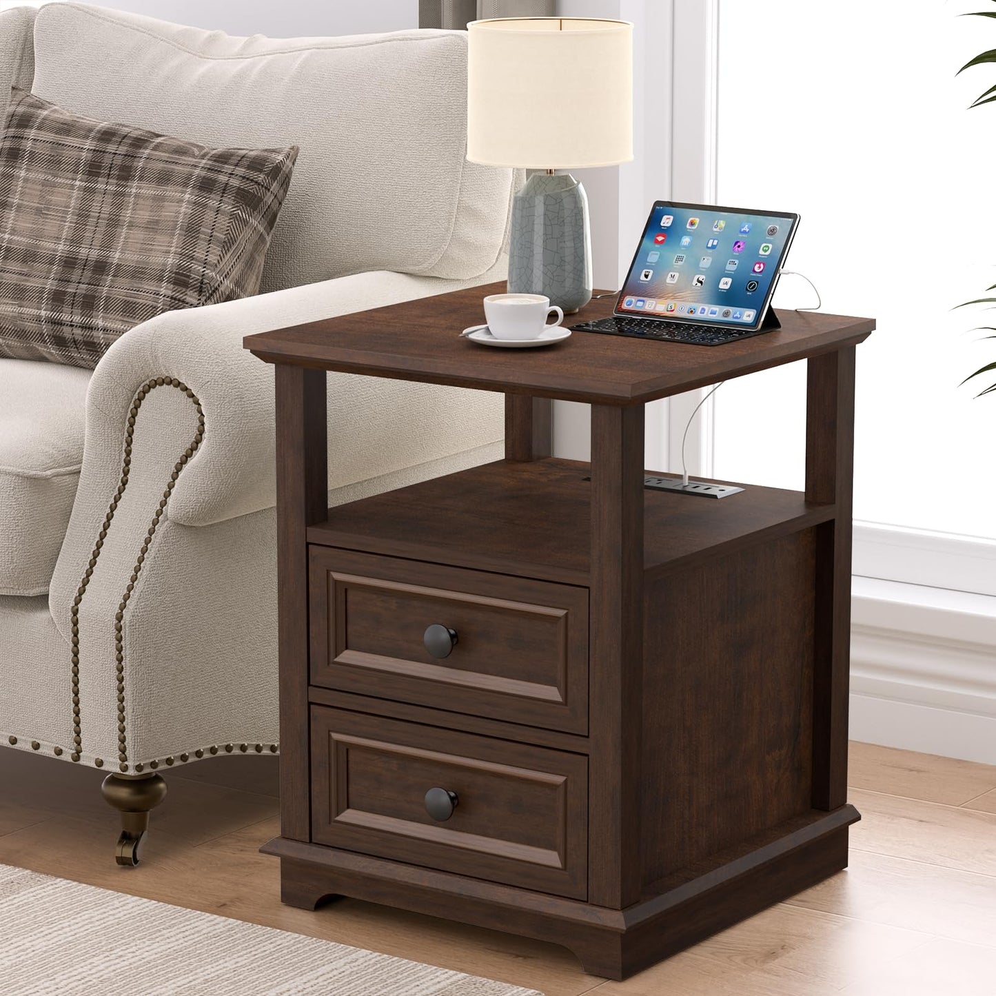 REDAYFUR 24" Tall End Table with Charging Station, Double 18W Fast Charge, Large 18" Bedside Table with Drawers, Rustic Wood Storage Cabinet with Open Shelf for Bedroom, Cherry