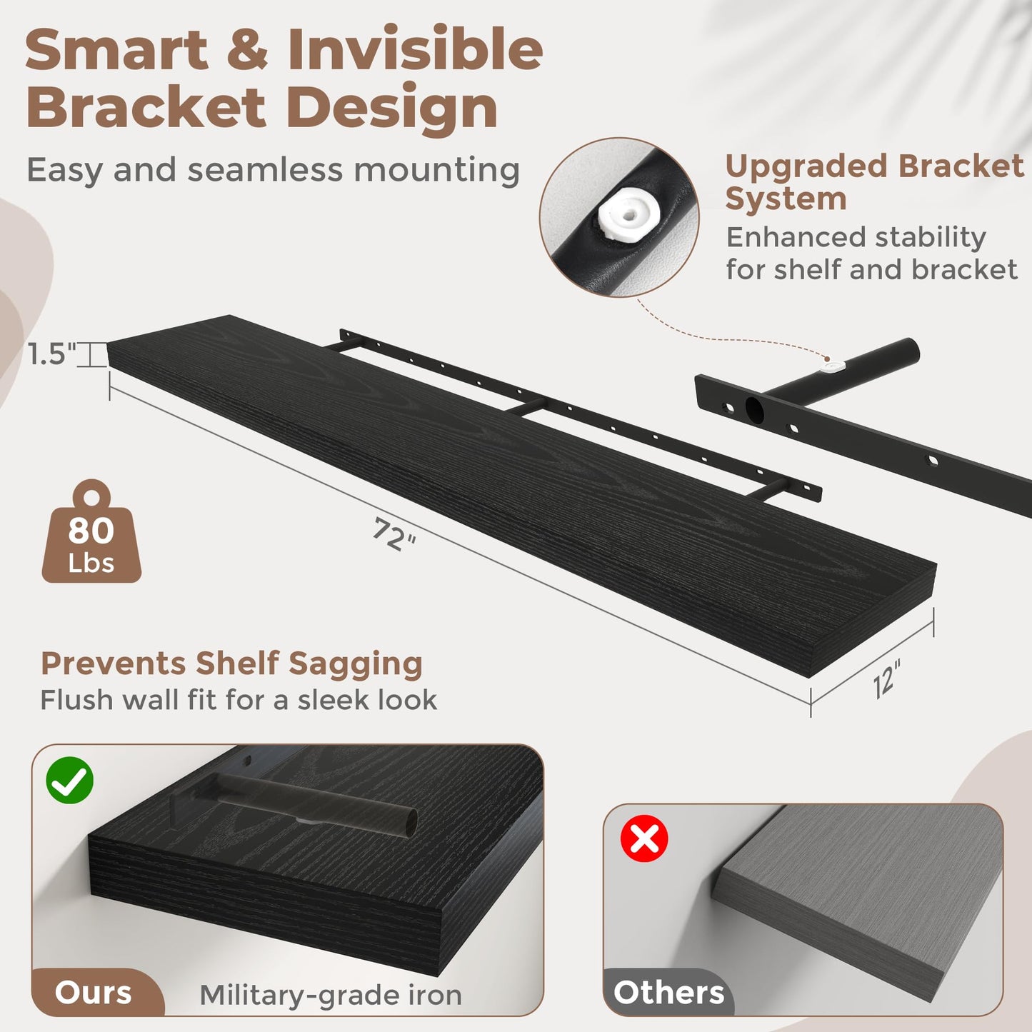 72 Inch Long Floating Shelves for Wall Set of 2, 12"D Wood Grain Bathroom Shelves with Invisible Brackets, Easy Install Engineered Wood Storage Shelves for Kitchen, Living Room, Bedroom, Black Finish