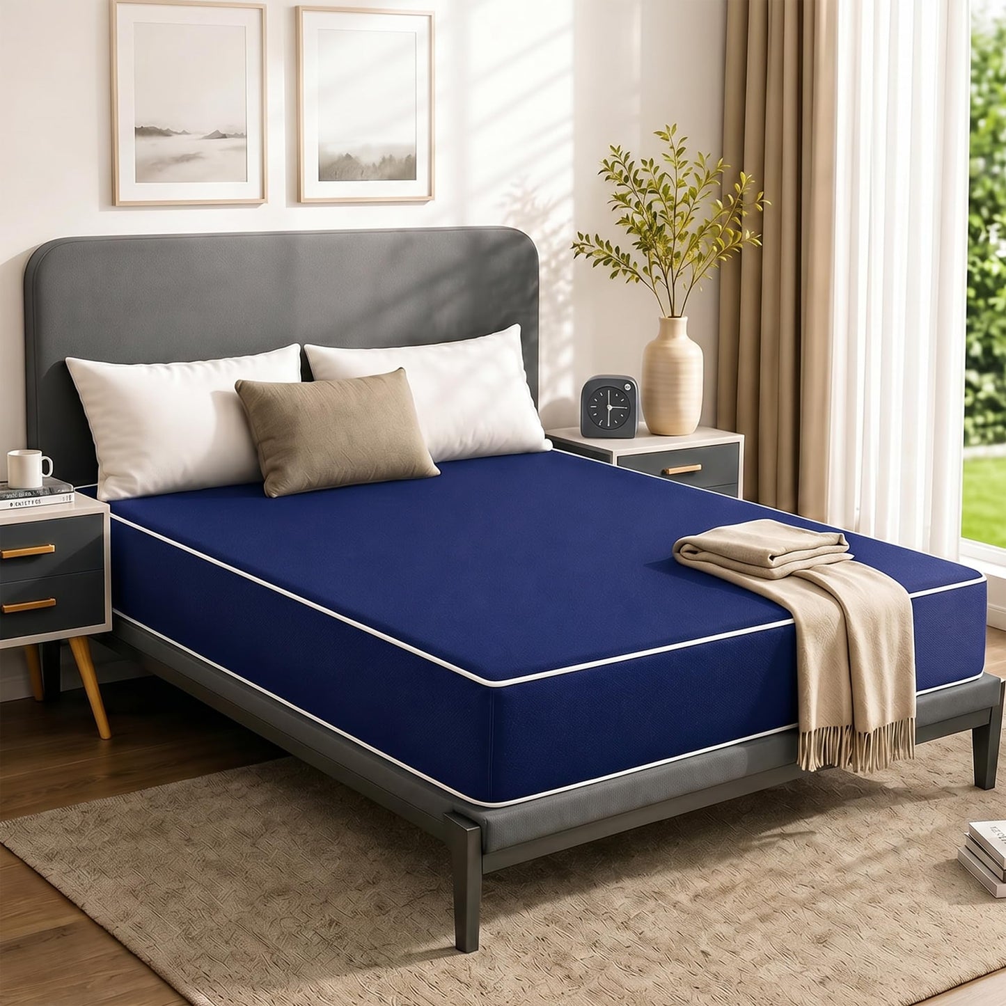 Greaton, 5-Inch Medium Firm Water Resistance Nylon Vinyl Foam Mattress, Noiseless, Soft Cloud Feeling, Body Heat Reflection, Good for Hospital and Camp, Queen, Blue