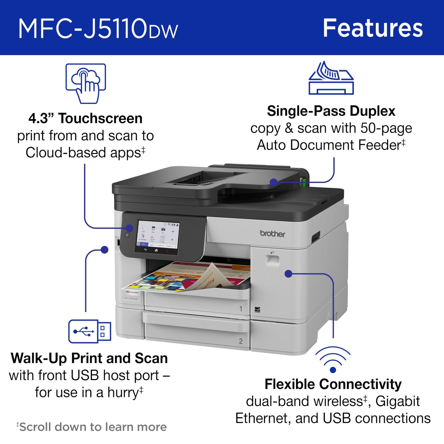 Brother INKvestment 5110 Wireless Color Inkjet All-in-One Printer with a 500-sheet Paper Tray Capacity and a 4.3” Color Touchscreen (MCF-J5110DW)