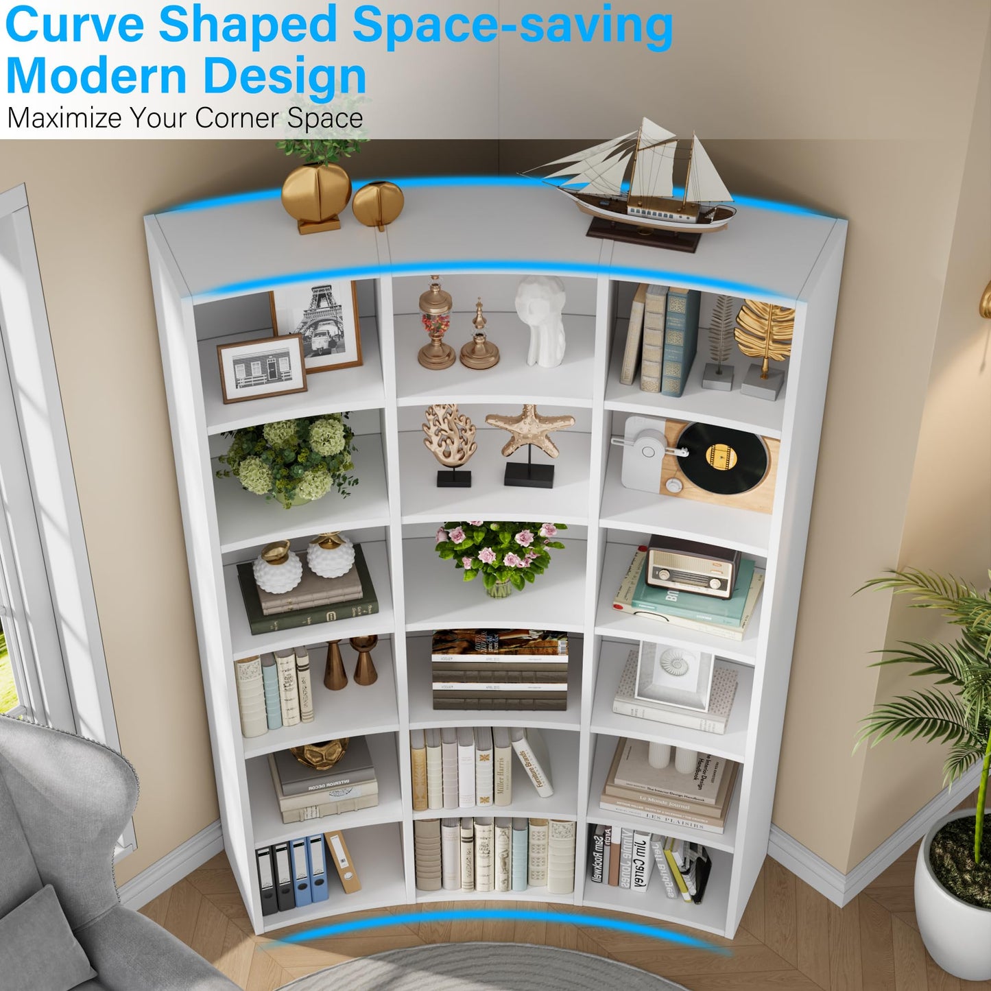 kepptory 71'' Tall Corner Bookcase (White, 41.5" W * 9.3" D * 71" H)