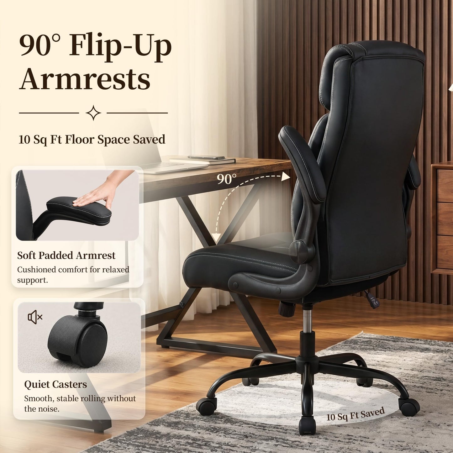 OwgeinSet Office Chair, Leather Ergonomic Computer Desk Chair with Rocking Function, High Back Executive Home Office Chair with Adjustable Flip-up Armrests, Lumbar Support, 360° Swivel, Black