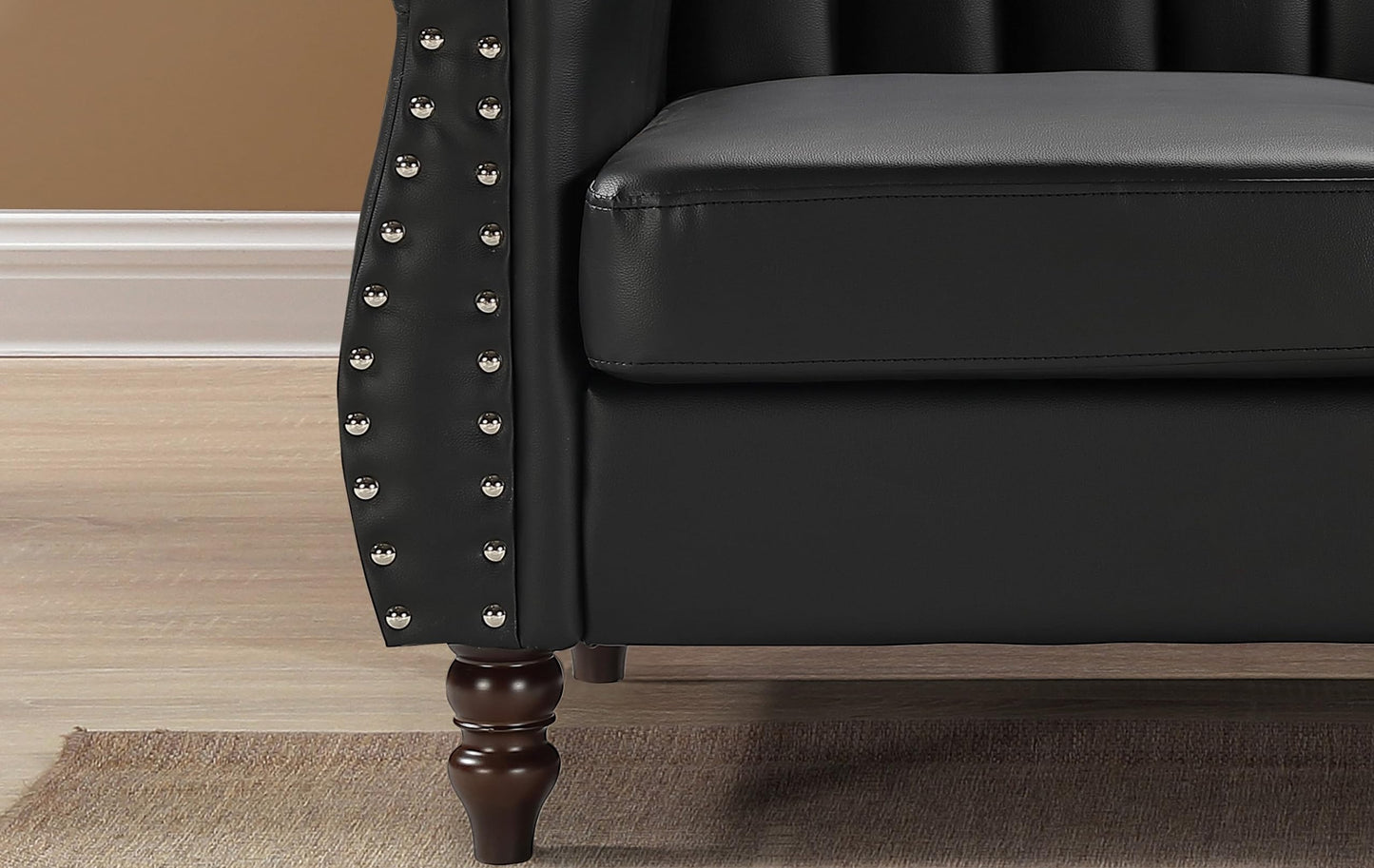Container Furniture Direct Chesterfield-Inspired 60" Faux Leather Loveseat, 2 Seater Living Room Couch with Elegant Design, Gourd Legs, and Sustainable Pleather Upholstery, Black