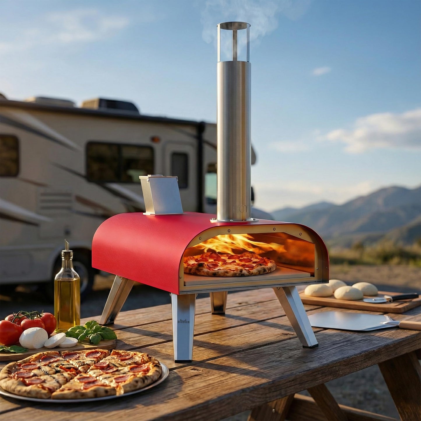 BIG HORN 12" Multi-Fuel Outdoor Pizza Oven Reach up to 1110℉– 3-in-1 Wood,Gas &Electric Compatible (Burners Sold Separately),Pellet Pizza Oven Portable Pizza Maker for Backyard, Camping&Tailgating,Red