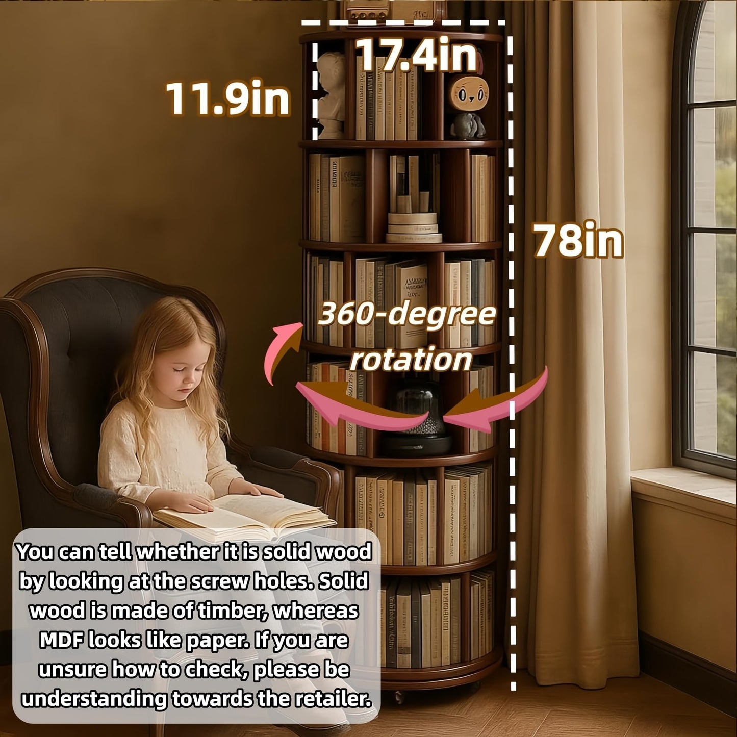 SALUISH Solid Wood Rotating Round Bookshelf Towers with Wheels, Revolving Bookcase 6 Tier 360° Wooden Rotating Book Tower, Narrow Rolling Vertical Display Storage Rack (Walnut, 6 Tier, 78.1" H)