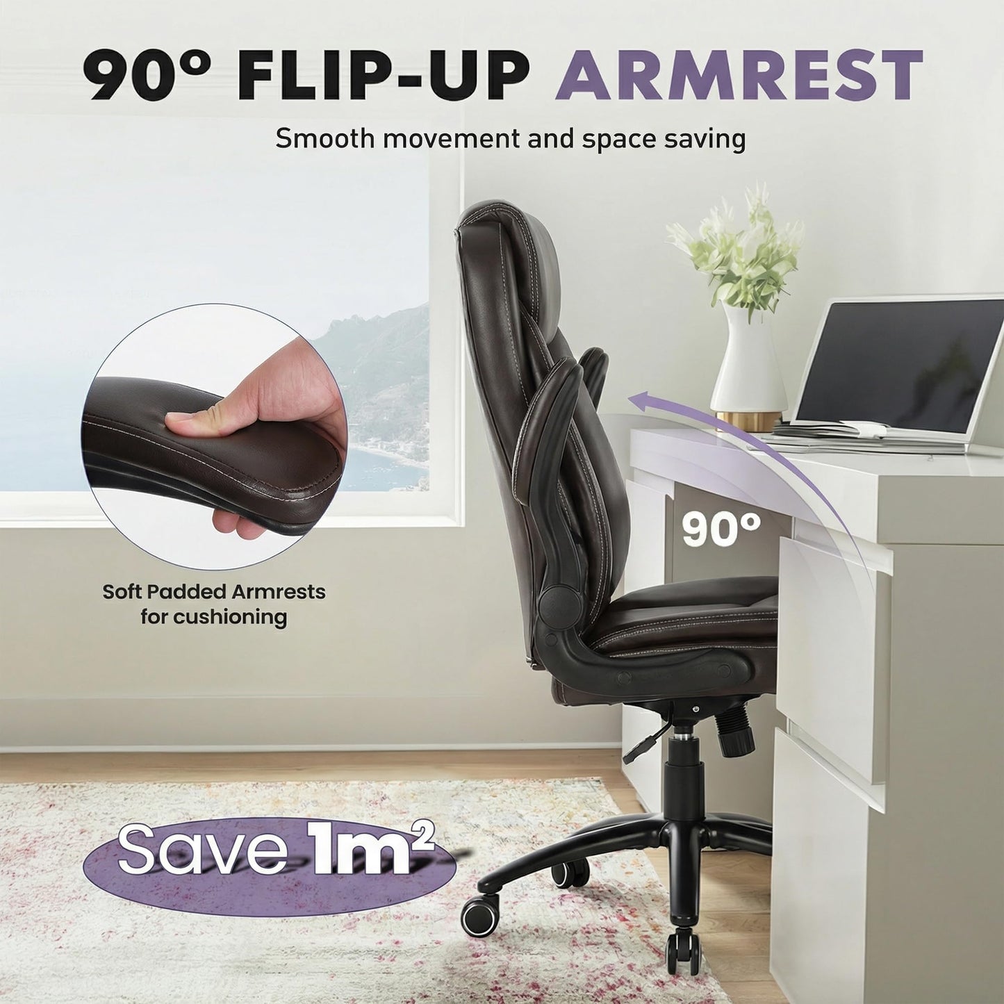 400lbs Capacity Executive Desk Chair Set of 2 with Ergonomic Lumbar Support, Flip-up Arms & High Back Leather Computer Chair for Home/Office, Brown