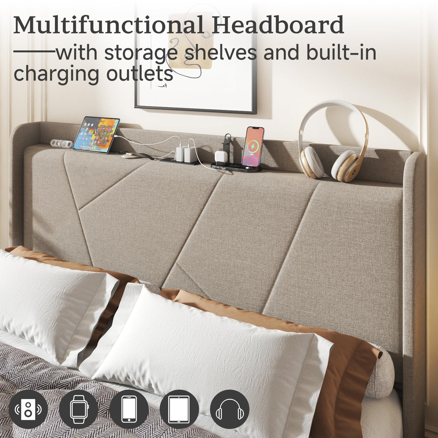 Queen Size Linen Bed Frame, Storage Headboard with Charging Station, Upholstered Platform Bed with Wooden Slats Support, Solid and Stable, Noise Free, No Box Spring Needed, Easy Assembly, Beige