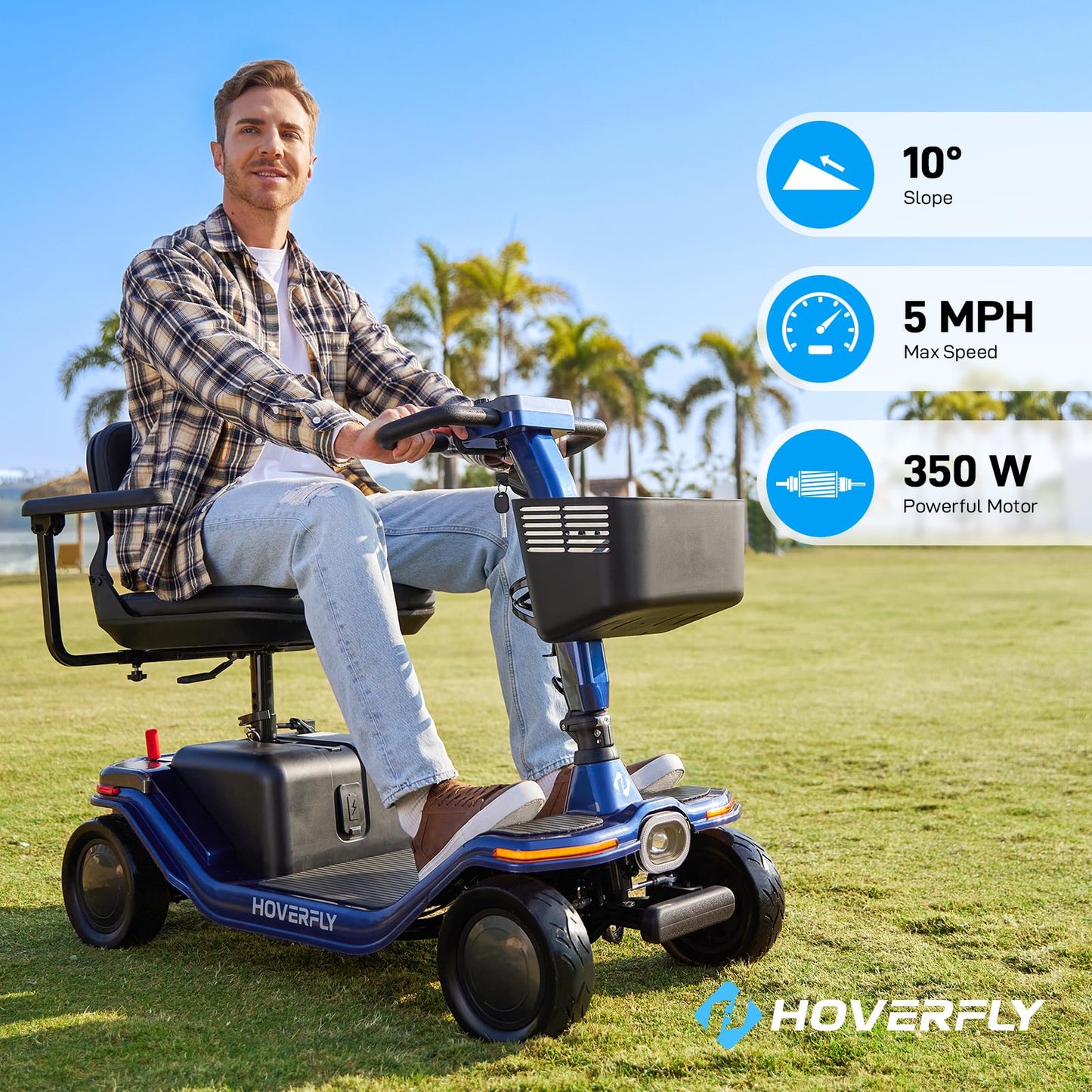 Hoverfly T5 Mobility Scooter for Seniors, Max 16.8-Mile Range & 5 mph, 3-Position Seat & Anti-slip Rear Wheel, Removed Battery & Quick Fold Design, Solid 9" Tire&330 lb Capacity, Ease of Assembly Blue