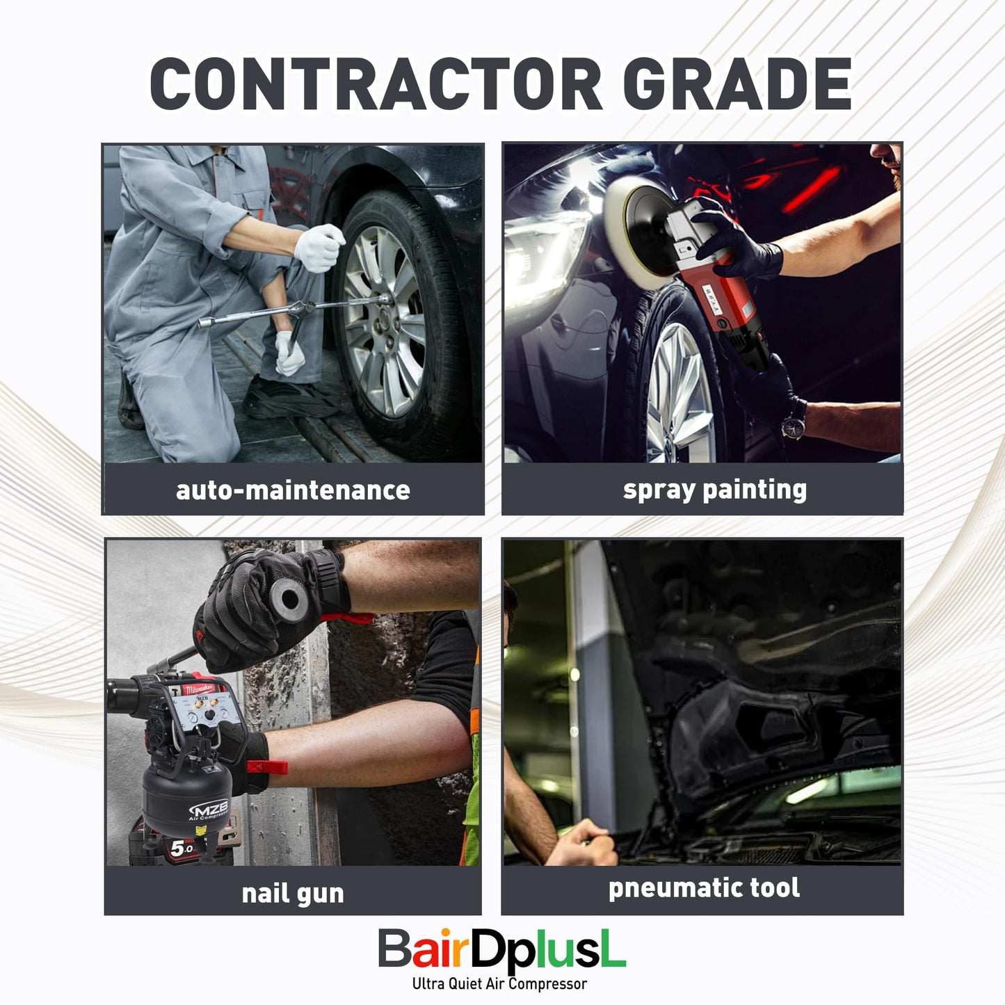 BairDplusL 14.5 Gallon Ultra Quiet Air Compressor 110V/60Hz 1.5HP 8.8CFM MAX 115PSI Steel Tanks Oil-Free 70dB Noise Level Light & Quiet Portable Air Compressor with Wheels for Auto Repair