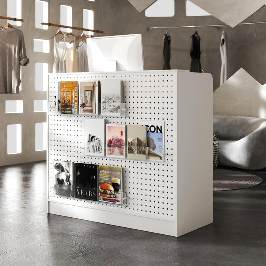 ROMSHINE Reception Desk with Counter, Lockable Drawers and Pegboard, 47.2 inch Wide Front Desk Modern Reception Room Table, Checkout Counter Salon Reception Table, White
