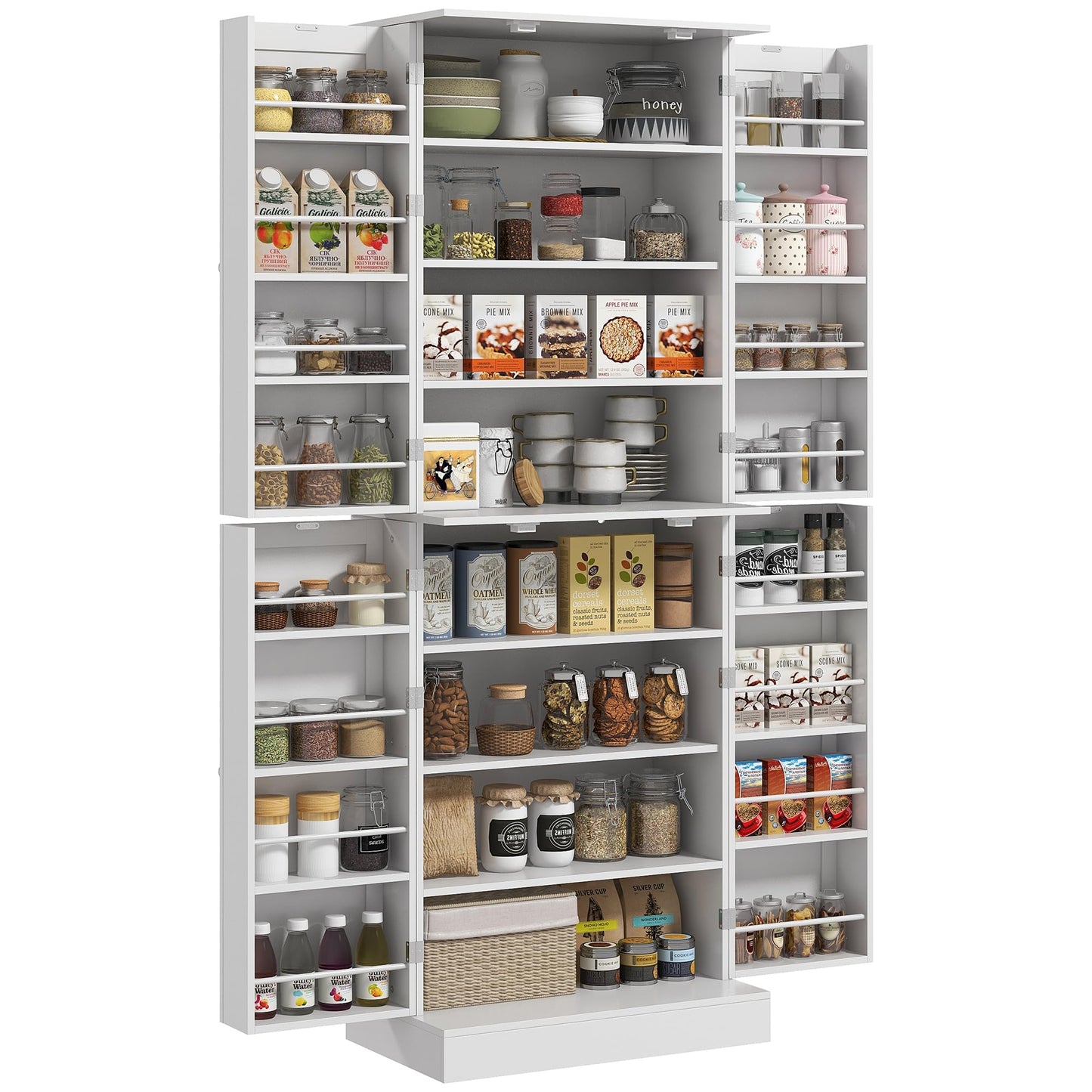HOMCOM 65" Kitchen Pantry Storage Cabinet, Freestanding Kitchen Cabinet with 16 Door Shelves, Double Doors, 8-Tier Shelving and Adjustable Shelves, White