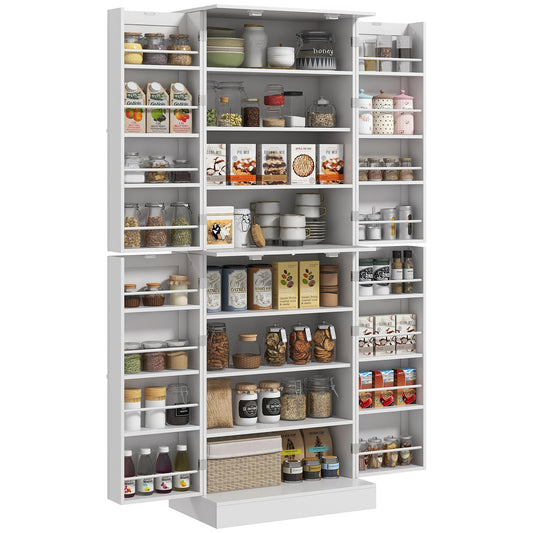 HOMCOM 65" Kitchen Pantry Storage Cabinet, Freestanding Kitchen Cabinet with 16 Door Shelves, Double Doors, 8-Tier Shelving and Adjustable Shelves, White