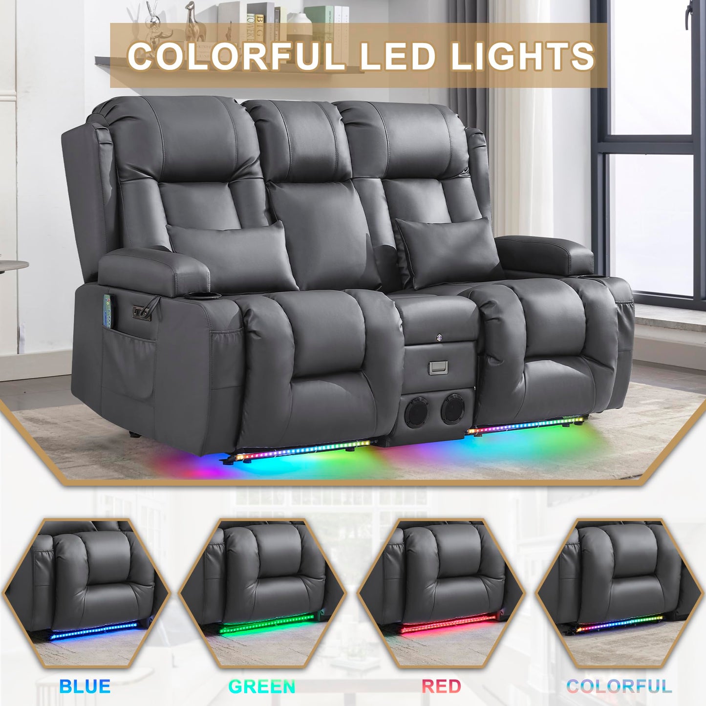 URRED Power Loveseat Recliner Sofa with Massage and Heat, Wall Hugger Reclining Loveseat with Console, RV Couch Home Theater Seating with LED Lights for Living Room (Ash Gray, 67" - 2 Seats)