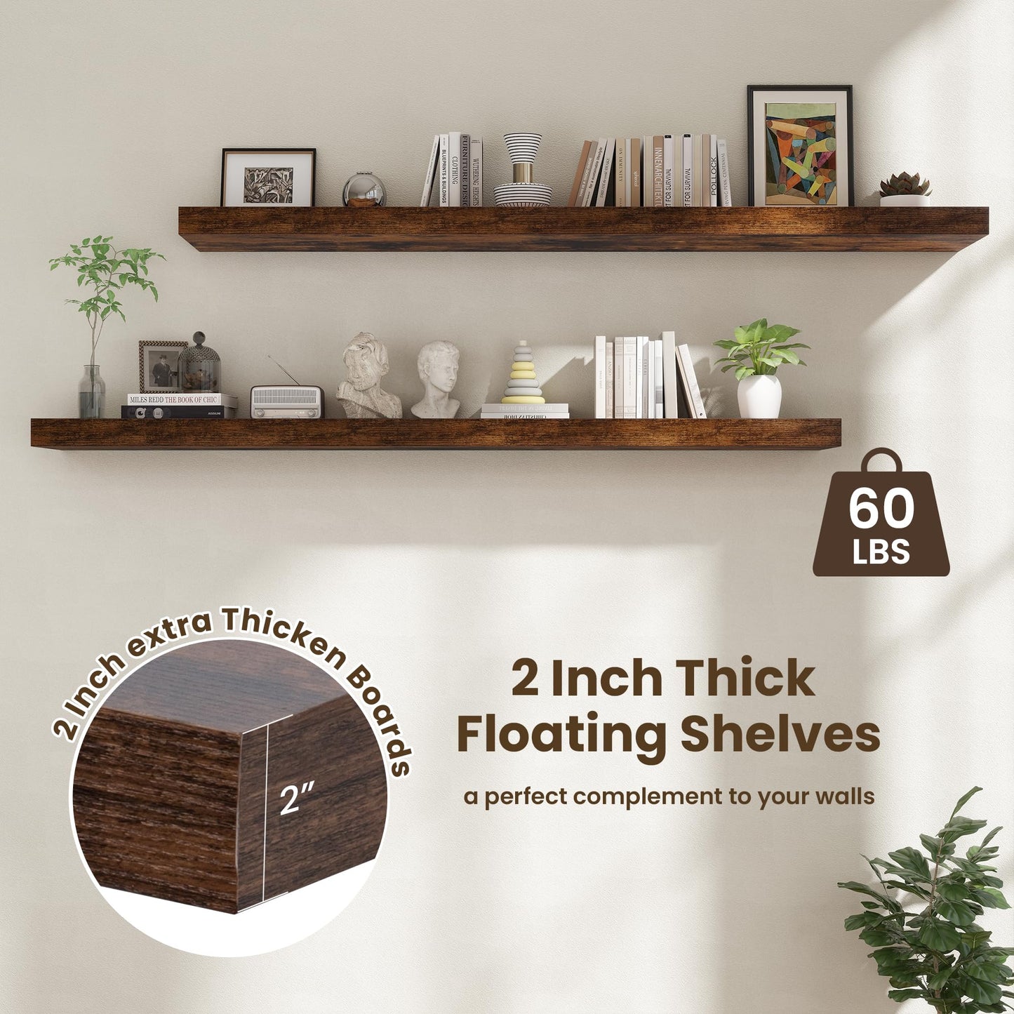 FLYJOE 72 Inch Floating Shelves | 12 Inch Deep Floating Shelves Set of 2 | 72" W x 12" D Rustic Brown Wood Wall Shelves for Bathroom Living Room Kitchen Laundry Room