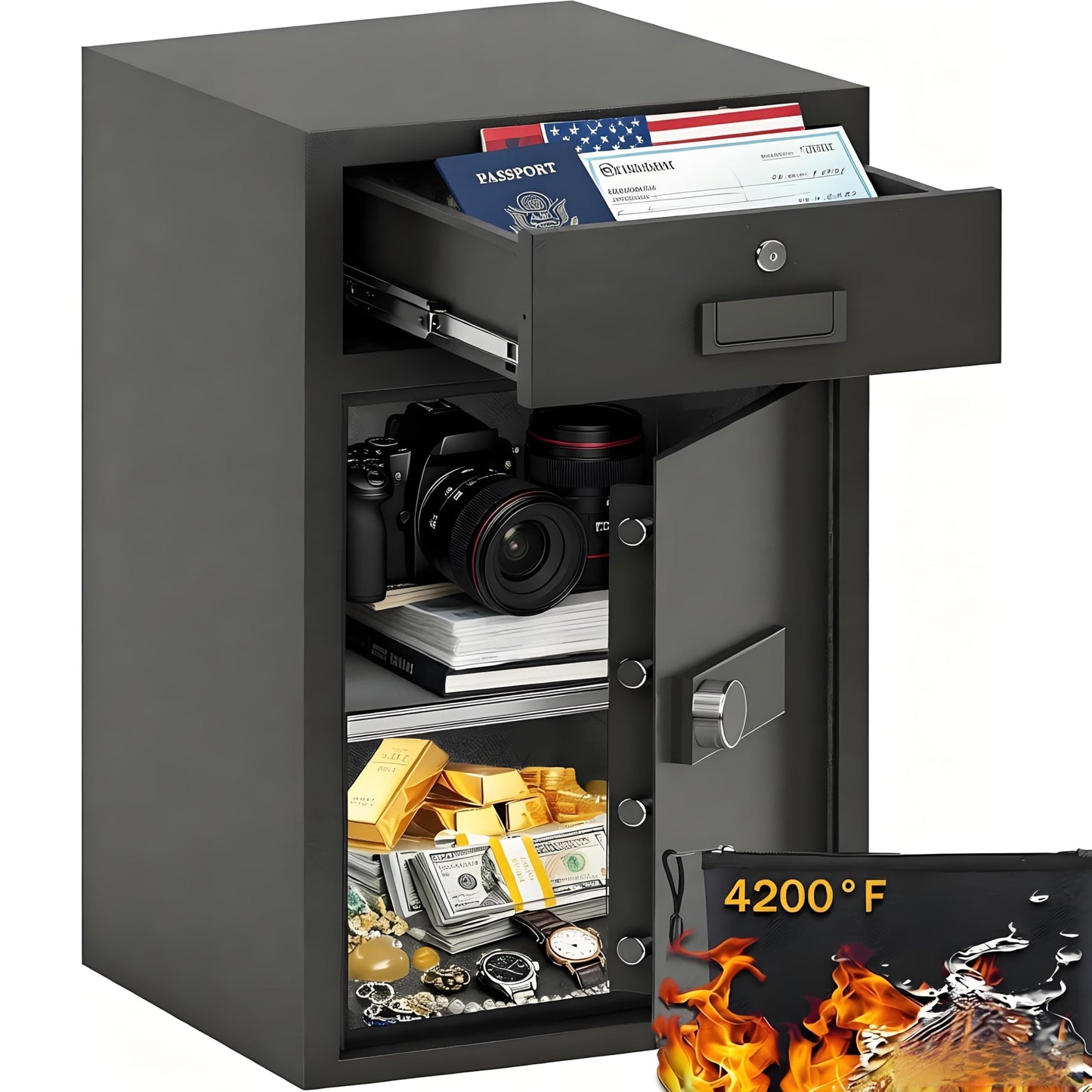 KAER 5.1 Cuft Money Safe for Home Drawer Safe Box with Mechanical Lock for Daily Cash & Keys Felt-Lined with Adjustable Shelf, Silent ＆Alarm, Fireproof Waterproof Bag, 49.2 lbs Caja Fuerte para Dinero
