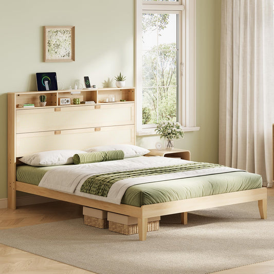 VINGLI Full Size Platform Bed Frame with Storage Headboard and Charging Station, Modern Rattan Wood Bed with Shelves,Space Saving Bed Frame for Bedroom or Guest Room