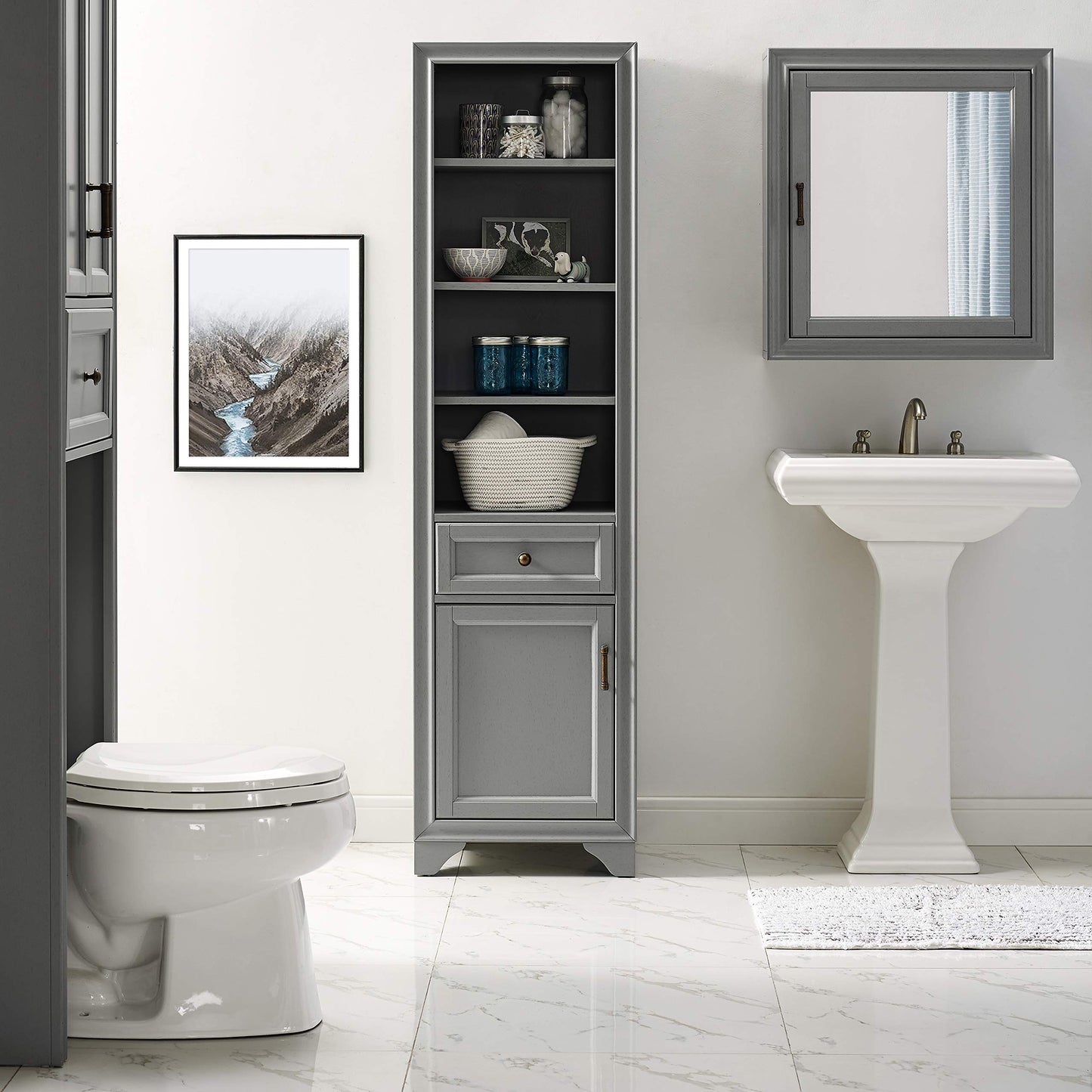 Crosley Furniture Tara Linen Storage Cabinet and Bathroom Organizer with a Drawer and Shelves, Vintage Gray
