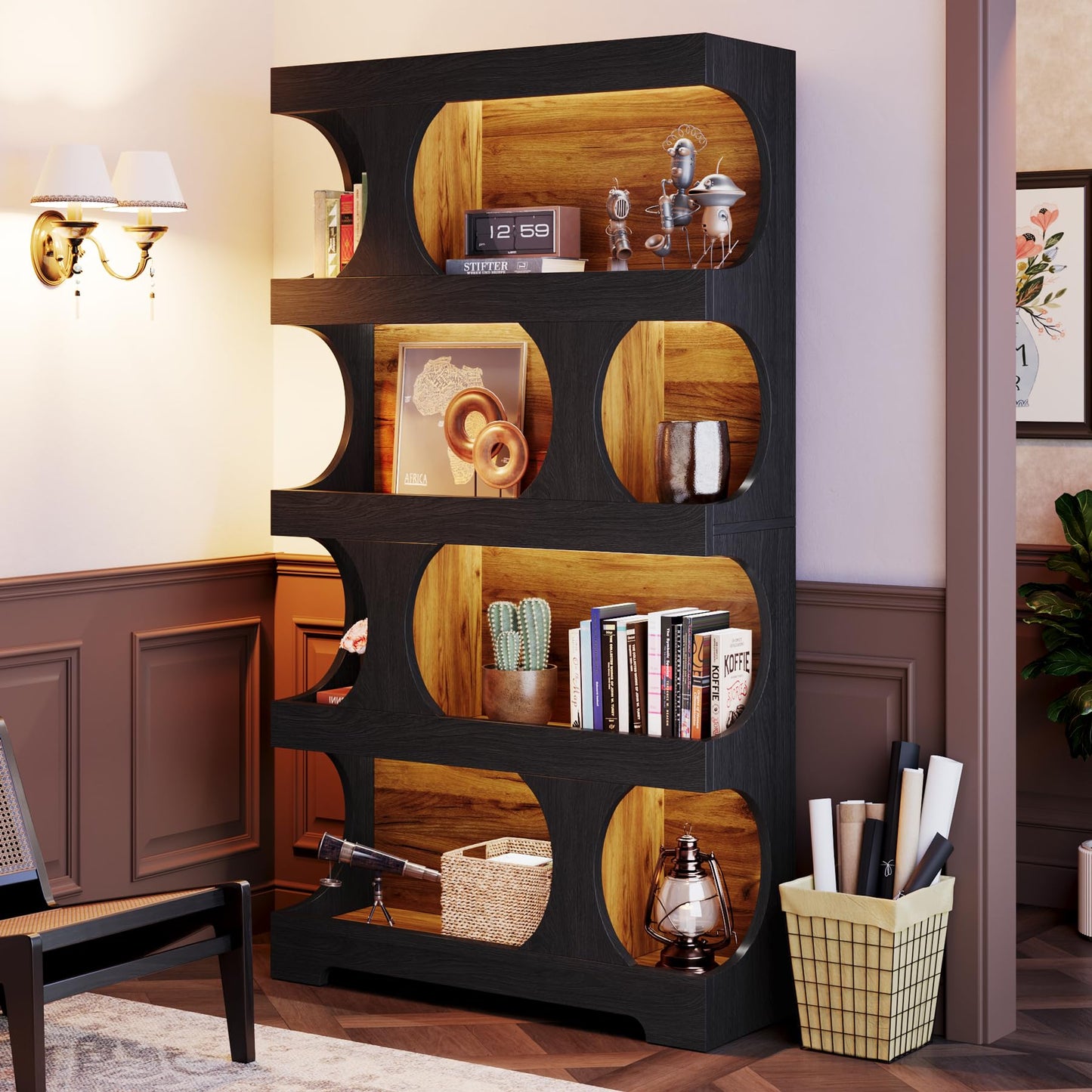 Tribesigns 71" Tall Bookcase, 4-Tier S-Shaped Bookshelf, Wood Decorative Storage Shelving, Modern Freestanding Display Shelves, Large Library Book Shelf Unit for Home Office Living Room, Black & Brown
