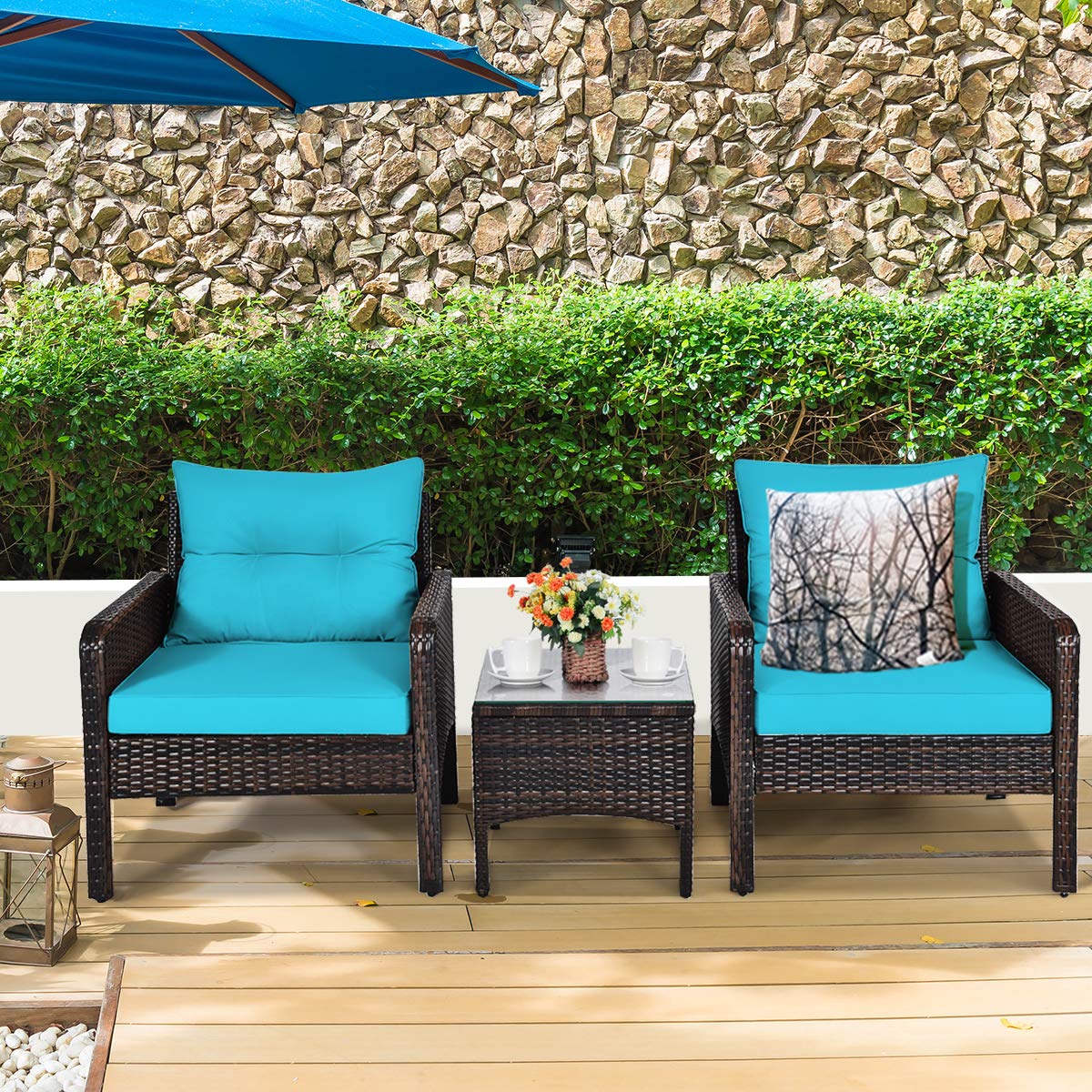 Tangkula 3 Piece Wicker Chairs with Glass Top Coffee Table, Thick Cushions, All Weather Garden Lawn Poolside Backyard Porch Outdoor Patio Furniture Set for 2 (Turquoise)
