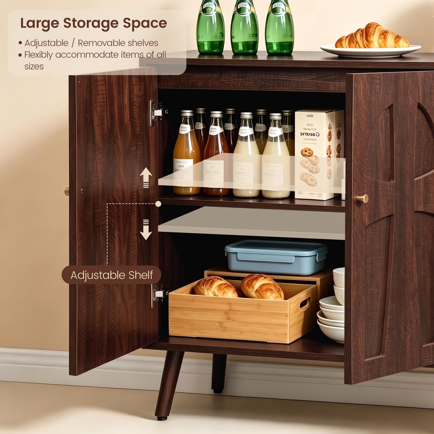 Janmer Home Sideboard Buffet Cabinet, 94.5" Wide Wooden Storage Cabinet with Arched Cutout Doors, Adjustable Shelves, Mid-Century Modern Credenza for Kitchen Living Room Entryway Dark Walnut