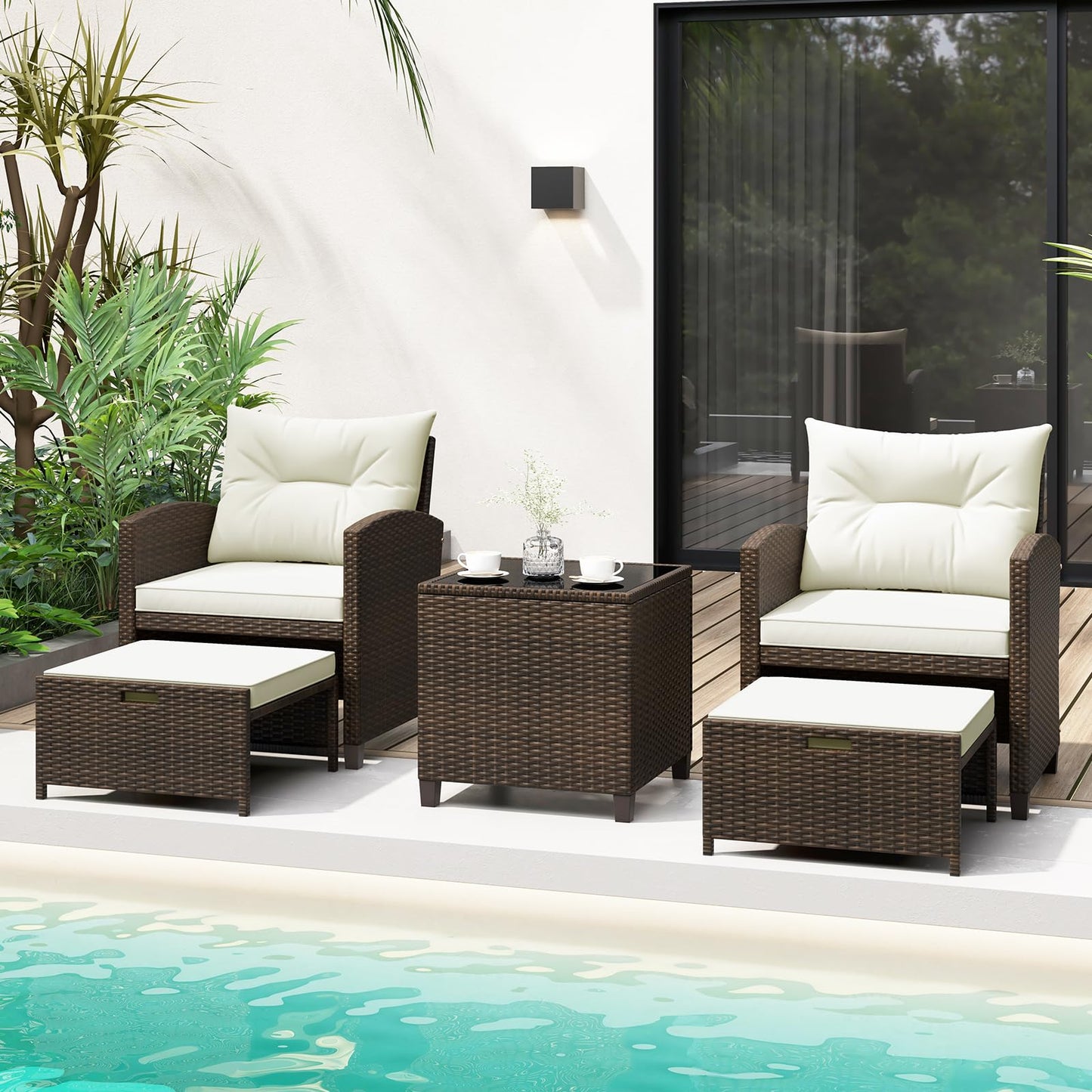 Tangkula 5 Pieces Patio Conversation Set, PE Wicker Outdoor Furniture Set with 2 Chairs, 2 Ottomans & Tempered Glass Coffee Table, Ideal for Poolside, Backyard, Lawn, Deck, Mix Brown & Off White