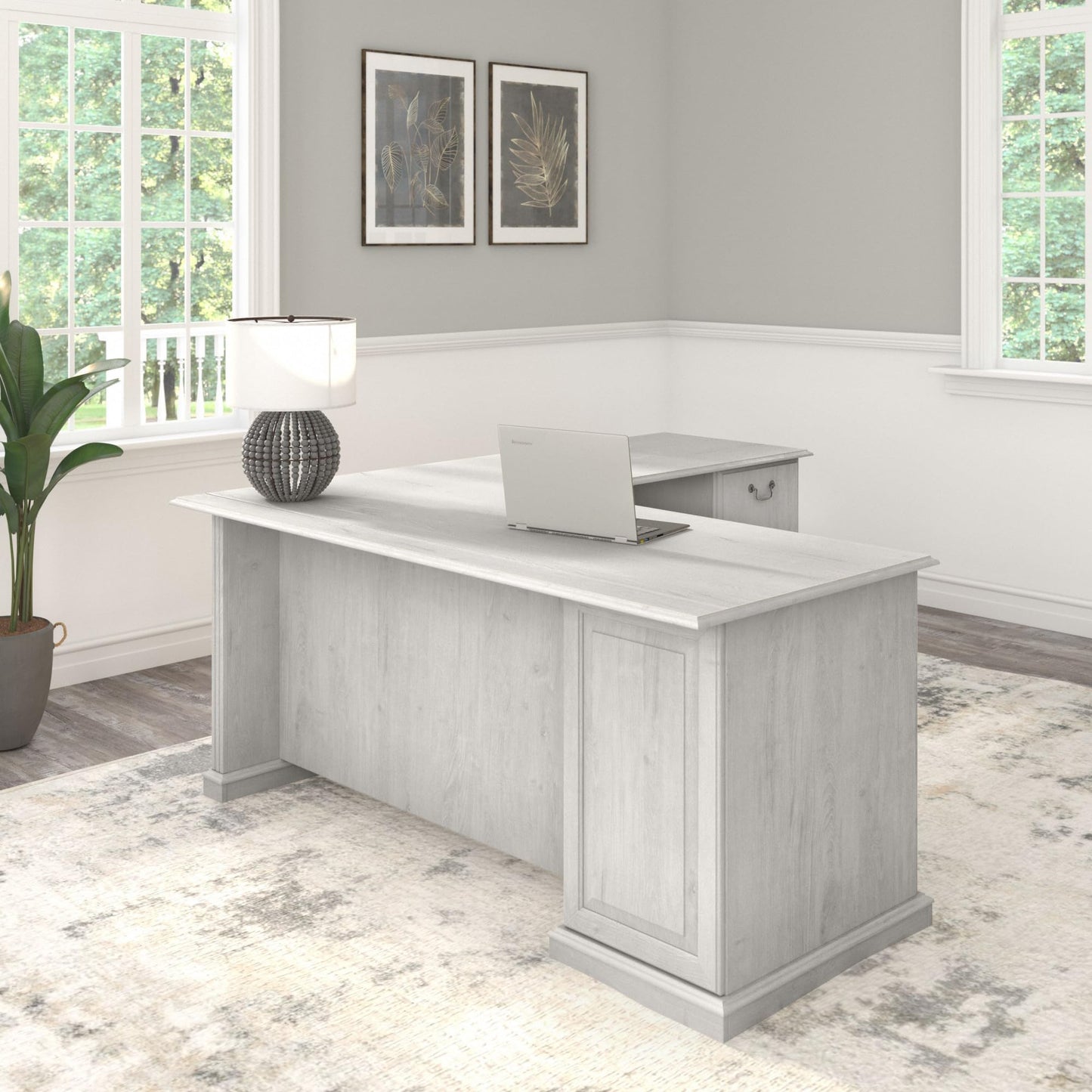 Bush Home Saratoga L Shaped Computer Desk with Drawers and Storage in Linen White Oak | Large Corner Office Table for Workspace