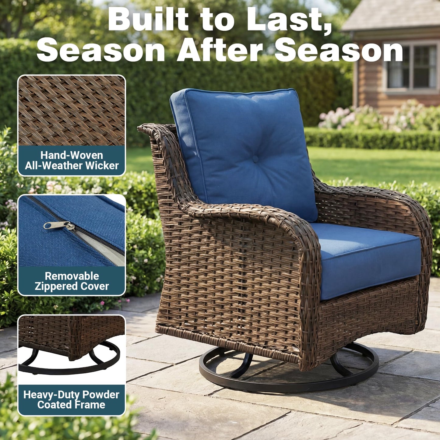 ADRERIC Luxury Patio Conversation Set, 5-Piece Ergonomic High Back Wicker Sofa&Swivel Chair Set with 6-Inch Deep Seating Cushions, Large Patio Furniture Set for Garden, Deck & Balcony, Navy Blue
