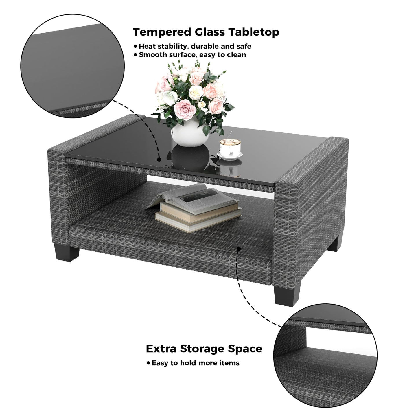 Garvee Patio Furniture Set 5 Pieces, 7-Seat PE Rattan Wicker Outdoor Sectional Patio Conversation Set with Waterproof Cusions and Coffee Table, Grey and Grey