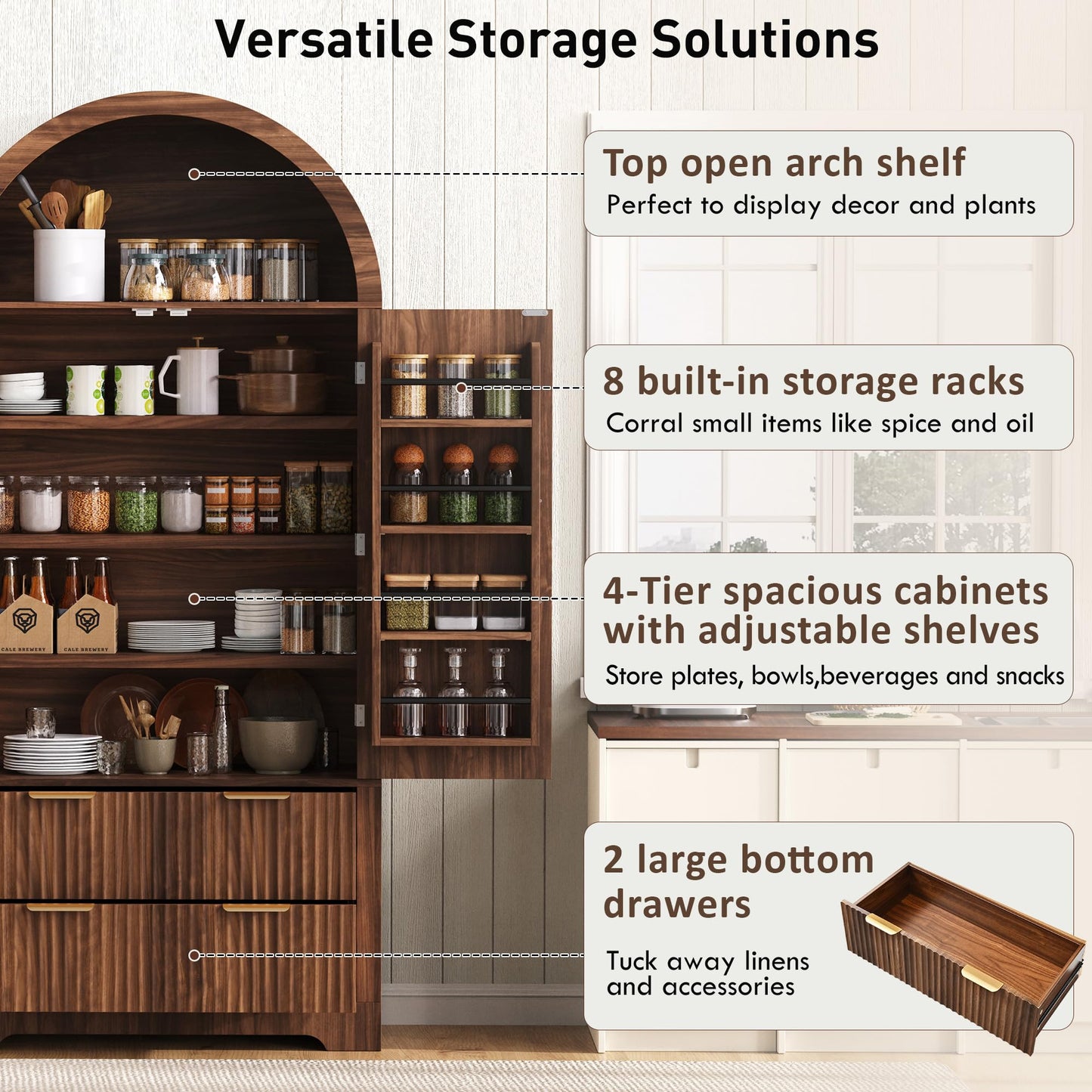 Merax 72" Tall Arched Kitchen Pantry Cabinet with 2 Drawers, Mid Century Modern Fluted Storage Cabinet with 3 Adjustable Shelves & 8 Door Shelves, Wooden Cupboard Organizer for Kitchens (Walnut)