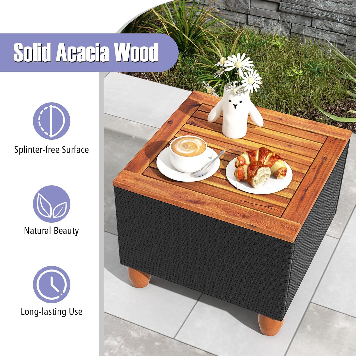 Tangkula 3 Pieces Patio Porch Furniture Set, PE Rattan Wicker Chair Conversation Set with Cushions and Storage Table, Outdoor Acacia Wood Bistro Set for Garden, Poolside (Grey)