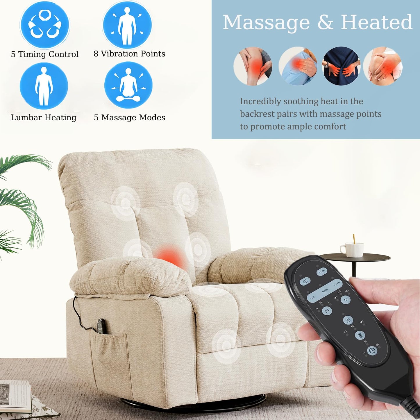 Rocker Swivel Recliner Chair for Adults, Single Reclining Sofa Chair with Heated and Full Body Massage, Lounge Recliner Glider for Small Living Room, Bedroom, Beige