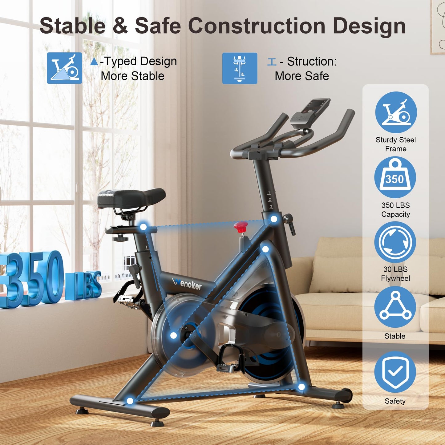 Exercise Bike – 350LB Magnetic Resistance Stationary Bike, Silent Indoor Cycling Bike with App Sync, Adjustable Seat, LCD Monitor, Smooth & Quiet for Cardio Workout