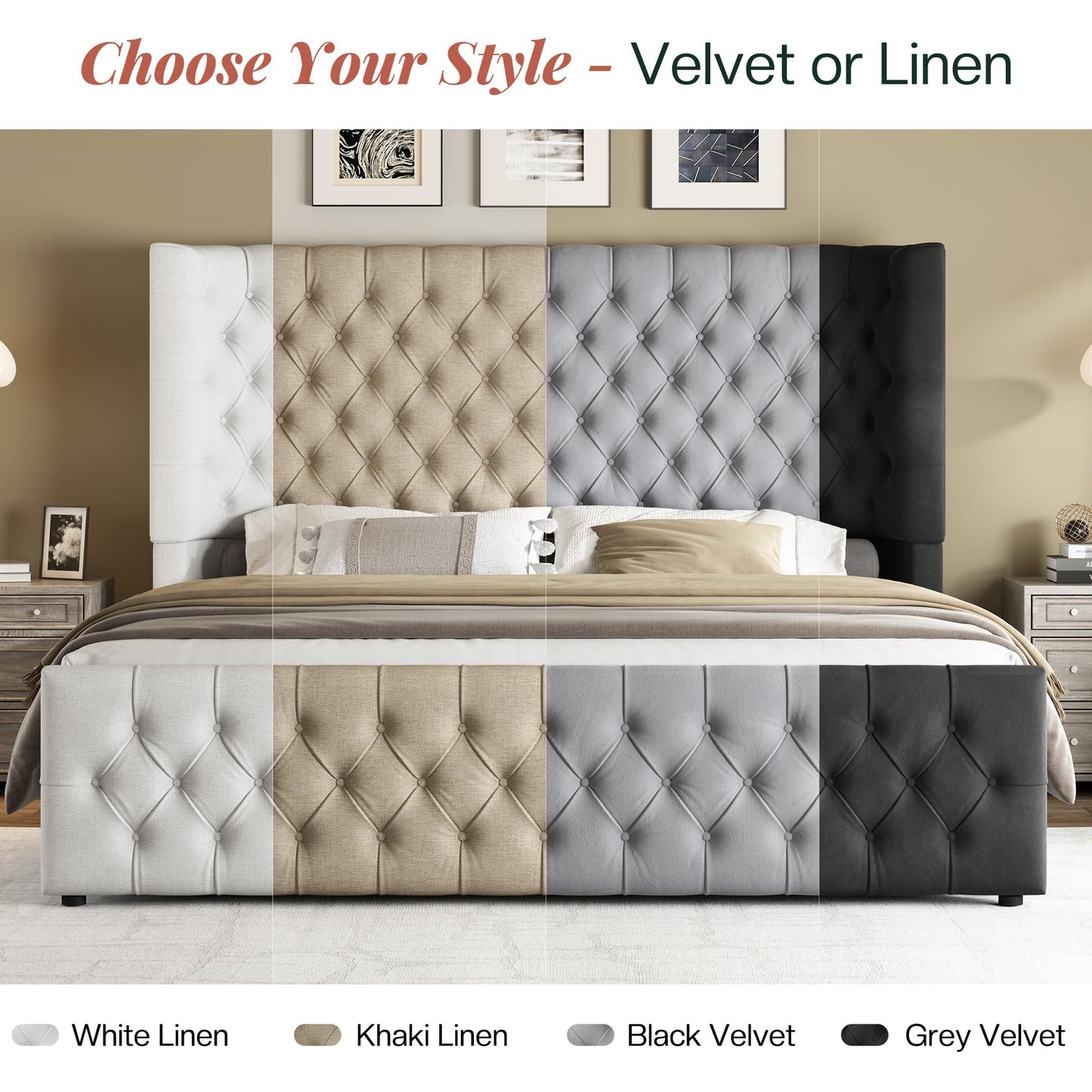 Jocisland Queen Size Upholstered Bed Frame with 6.3-Inch Curved Wingback Headboard, Tufted Footboard, Wood Slats, No Box Spring Needed, Khaki Linen