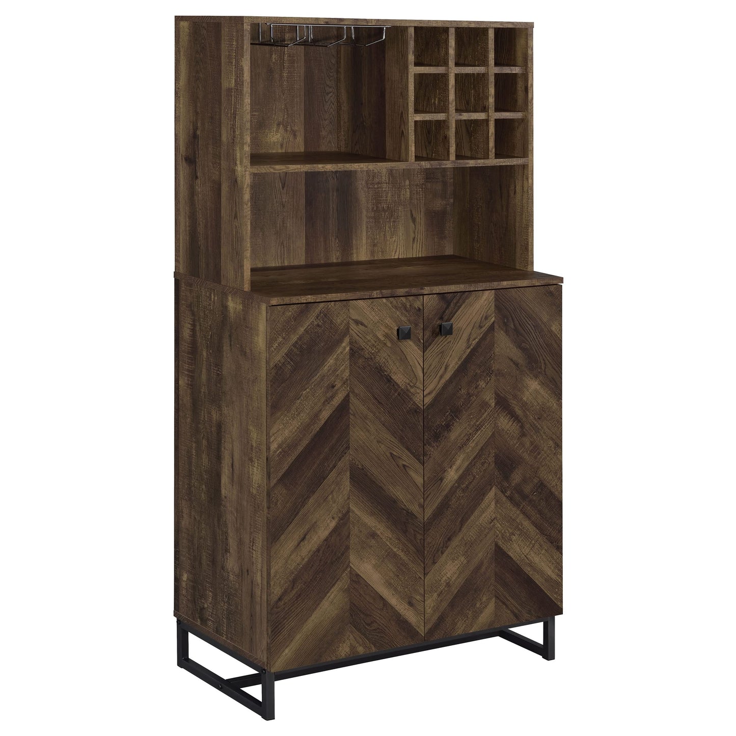 Coaster Home Furnishings - Mendoza - Wood & Metal 2-Door Home Bar Cabinet - Wine Storage with Herringbone Pattern & Stemware Rack - Farmhouse - Dining Room & Home Bar - Rustic Oak - 182082