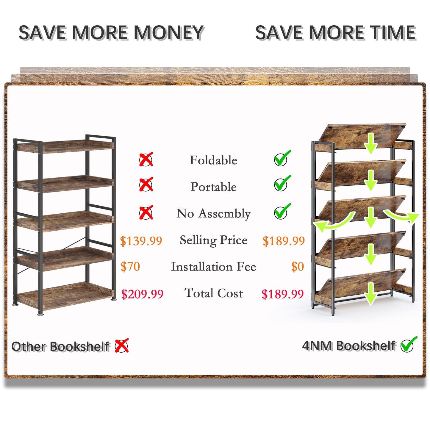 4NM Extra Wdie No Assembly Folding Bookshelf, 64.3" H x 30.9" W, 5 Tier Collapsible Book Shelf Bookcase Foldable Shelves for Bedroom Living Room Home Office - Rustic Brown & Black