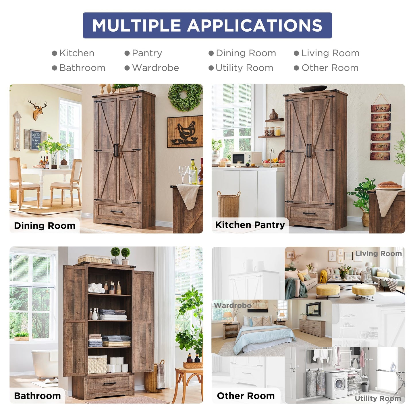Farmhouse Kitchen Pantry Cabinet - 72" Tall Wood Kitchen Storage Cabinets with Adjustable Shelves & 2 Barn Doors & Drawer, Versatile Storage for Dining Room, Bathroom, Utility Room, Light Brown