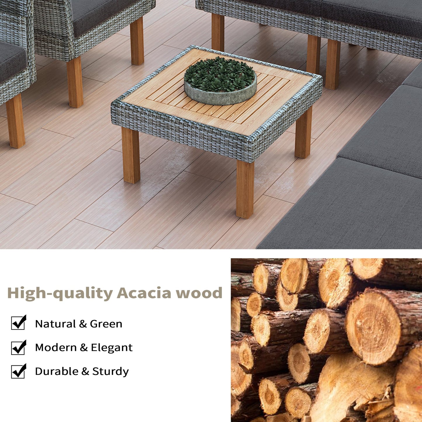 Merax 9-Piece PE Rattan Patio Furniture Set, Outdoor Modular Sectional Sofa Conversation Sets with Coffee Table, Acacia Wood Legs and Tabletop, Washable Cushion, Gray