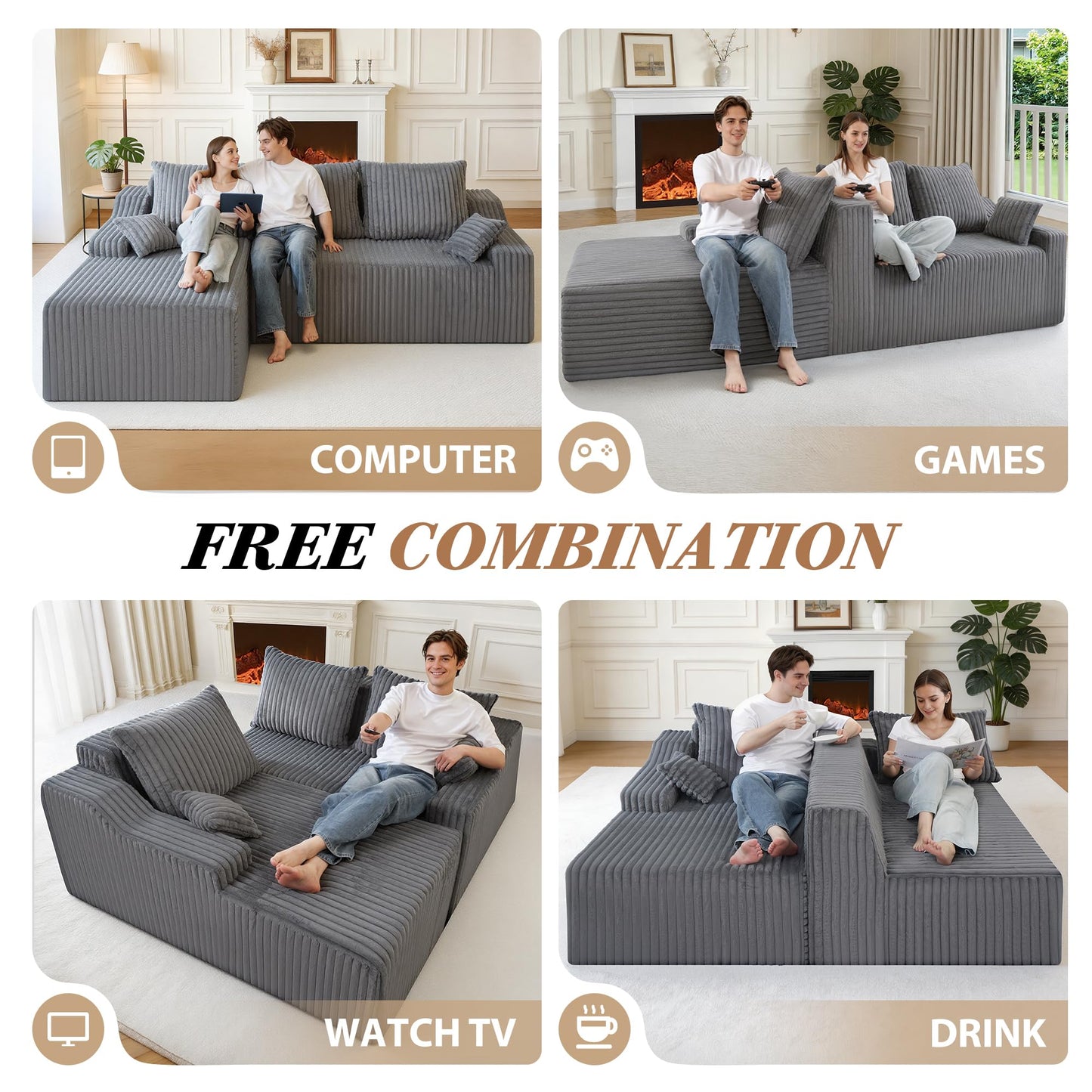 HABUTWAY 94" L-Shape Modular Sectional Sofa Couch for Living Room, No Assembly Required, Boneless Couch with Deep Seat for Living Room Bedroom, No Assembly Required (Grey,Left)